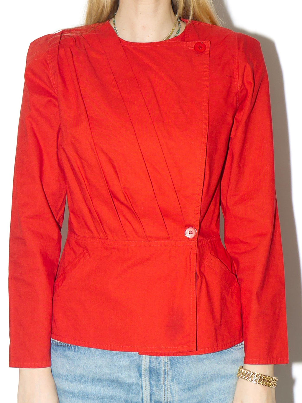 VINTAGE Cotton red blouse from 1980s with shoulder pads and peplum