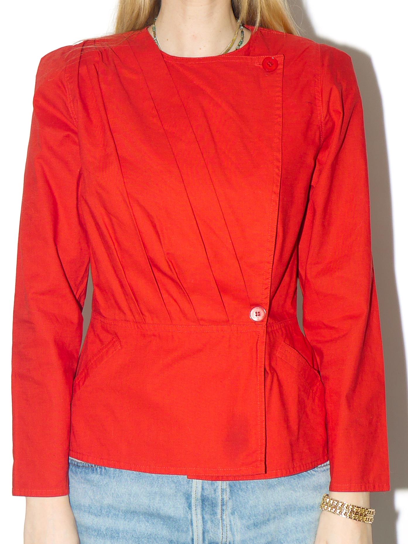 VINTAGE Cotton red blouse from 1980s with shoulder pads and peplum