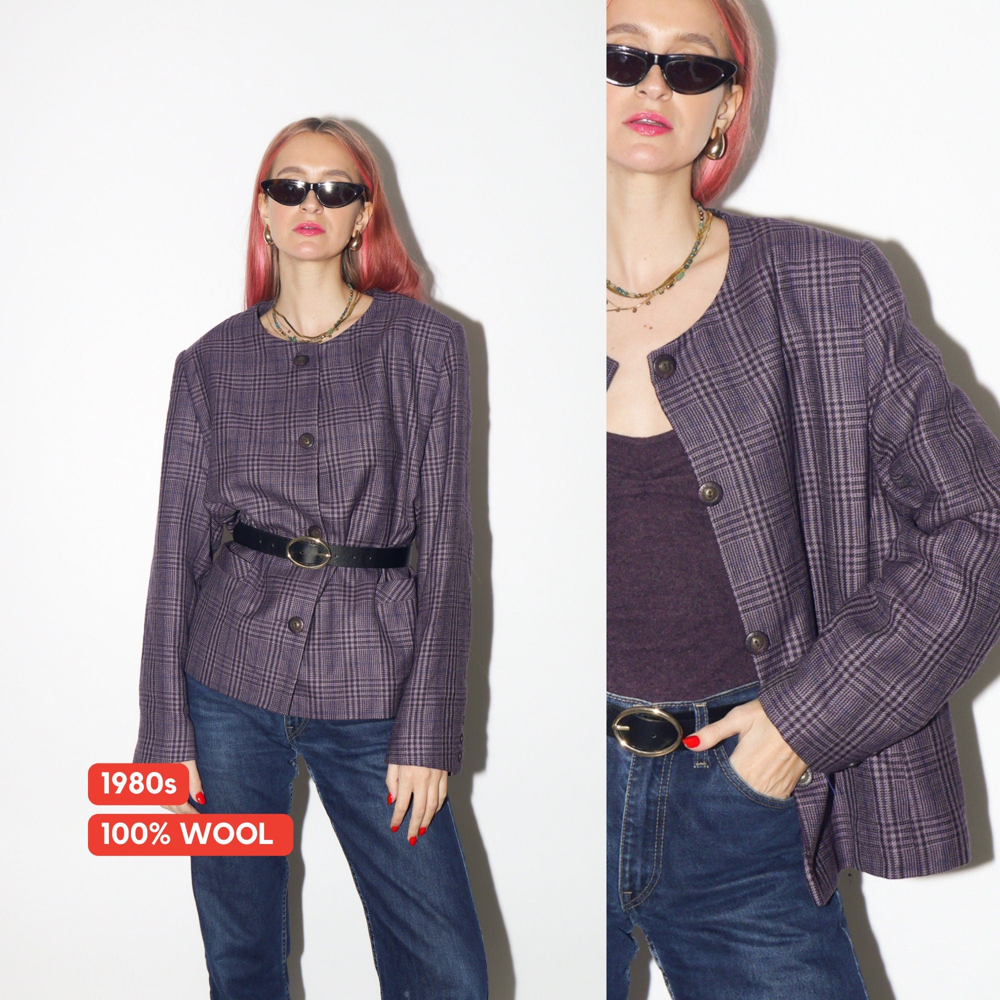 VINTAGE 100% pure new wool blazer 1980s by Equorian Heritage | purple pure new wool blazer | checkered vintage wool blazed