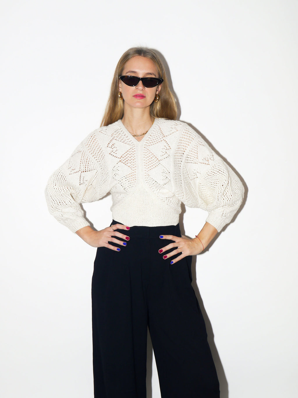 VINTAGE Handmade Wool Sweater from 1980s | Eggshell Cream Batwing Fit Sweater