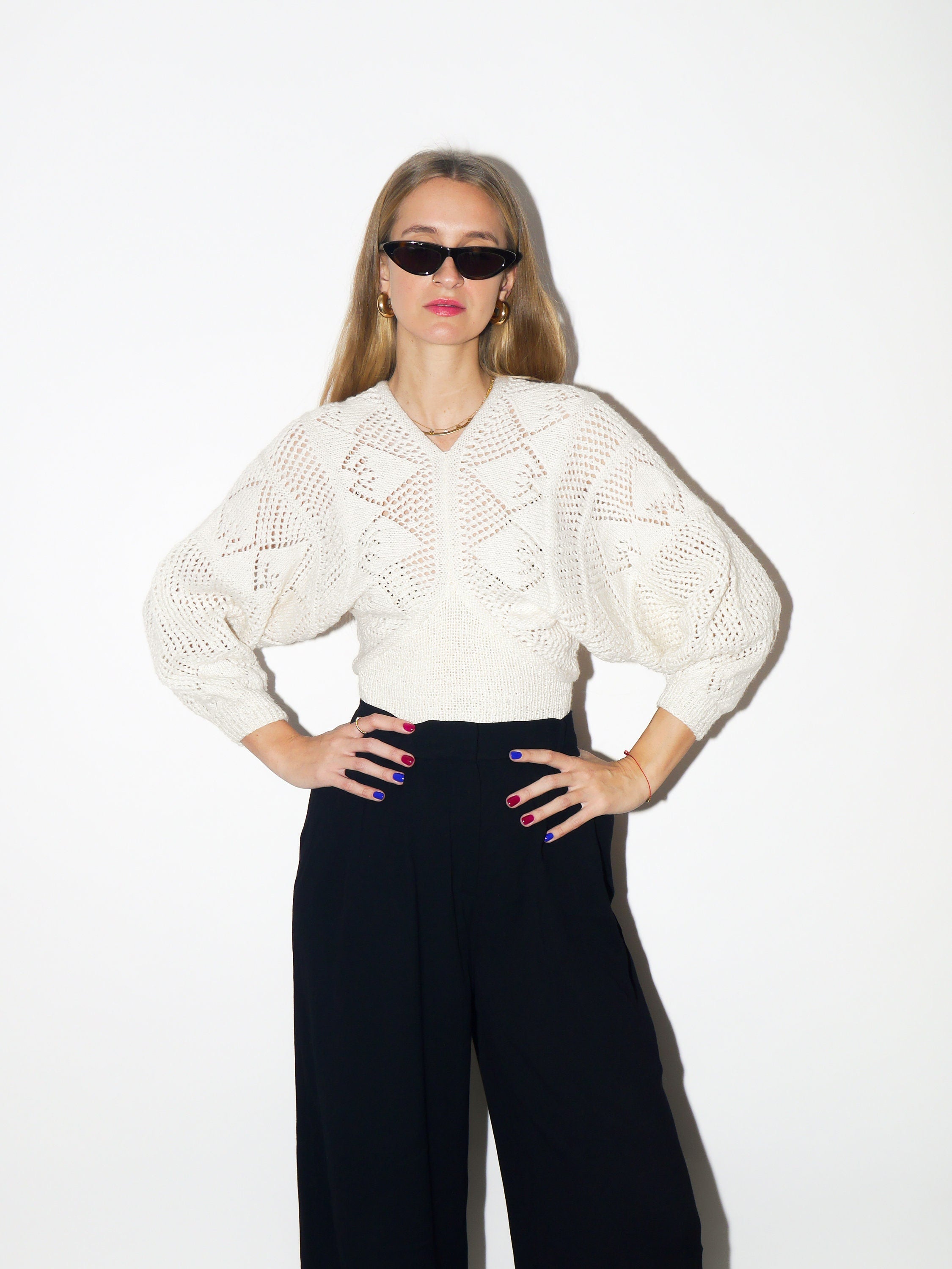 VINTAGE Handmade Wool Sweater from 1980s | Eggshell Cream Batwing Fit Sweater