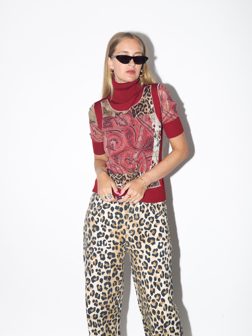 VINTAGE Deep Red Viscose Turtleneck Short Sleeve Blouse With Sheer Sleeves And Animal Print Accents From The 1980s By Betty Barclay