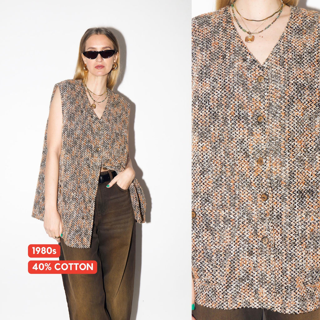 VINTAGE Knitted Boucle Vest from 1980s in Orange and Black with Cotton