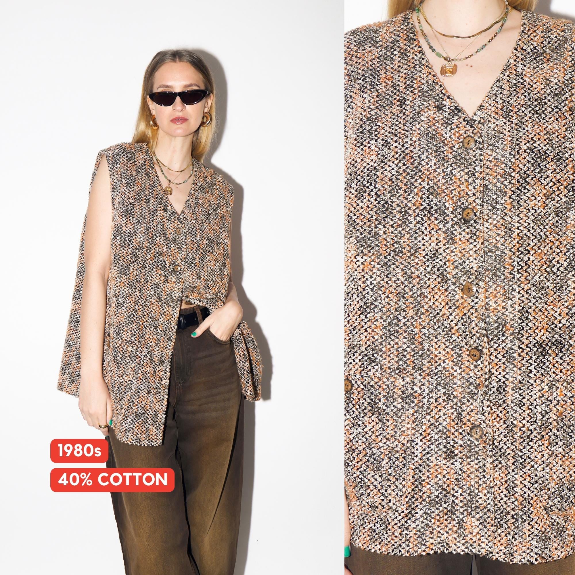 VINTAGE Knitted Boucle Vest from 1980s in Orange and Black with Cotton