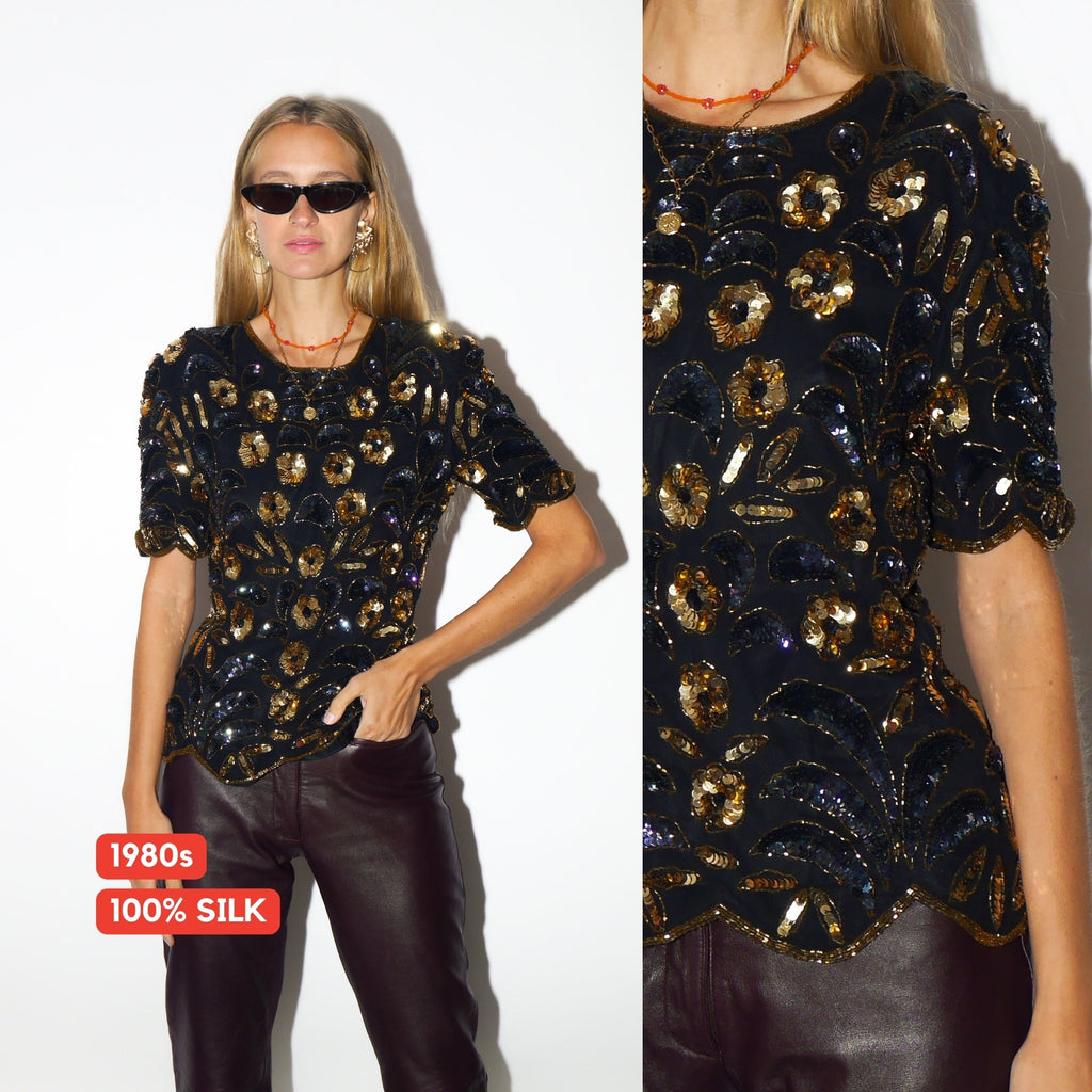 VINTAGE Silk top 80s | vintage blouse | Silk blouse | retro blouse | black Silk top | vintage top with sequins | unique vintage top
