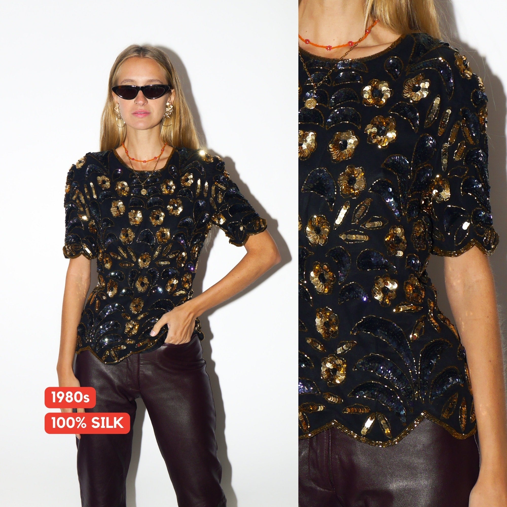 VINTAGE Silk top 80s | vintage blouse | Silk blouse | retro blouse | black Silk top | vintage top with sequins | unique vintage top