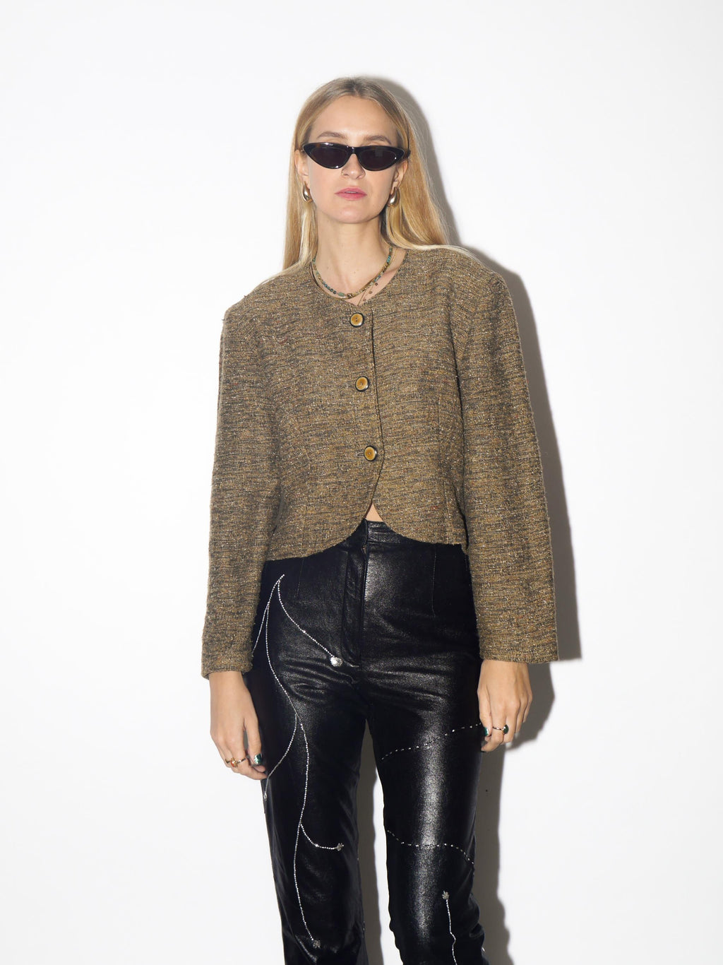 VINTAGE khaki tweed blazer from 1980s made of viscose, wool and cotton blend