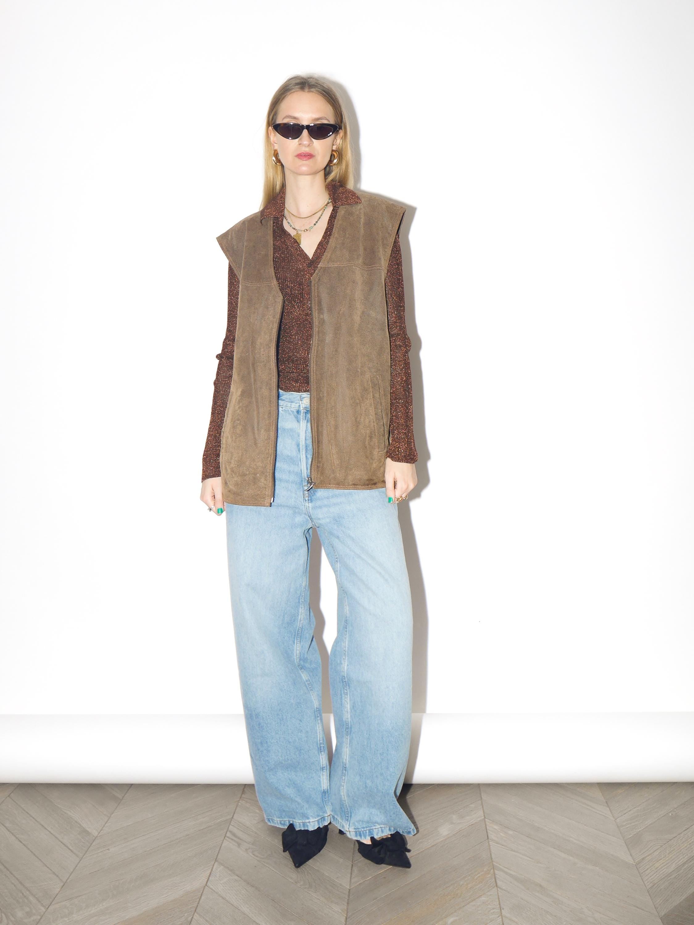 VINTAGE Khaki Suede Vest from 1980s | Big Oversize Beige Leather Vest by Canada®