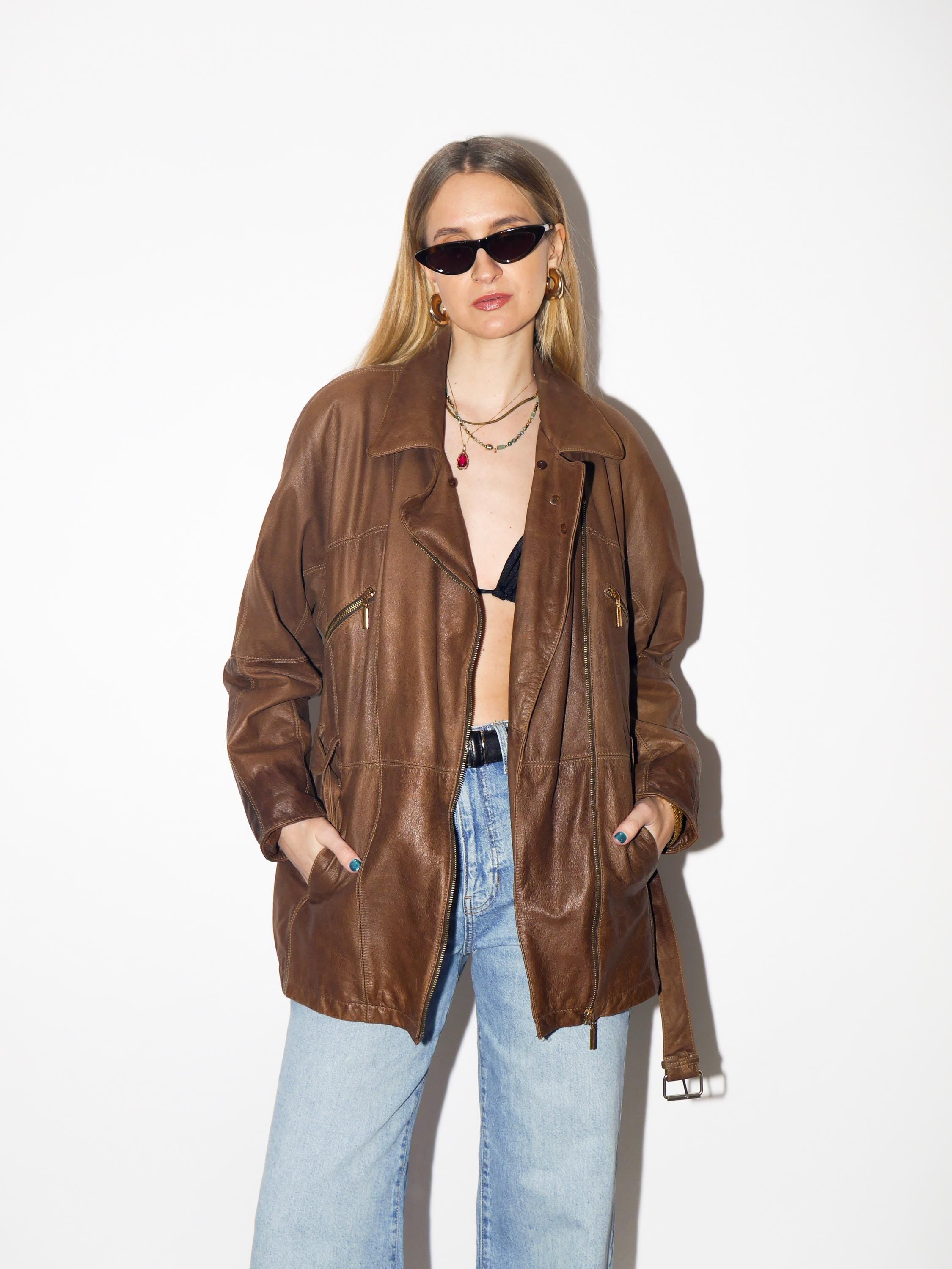 VINTAGE brown leather jacket from 1980s | soft leather bronze jacket with belt