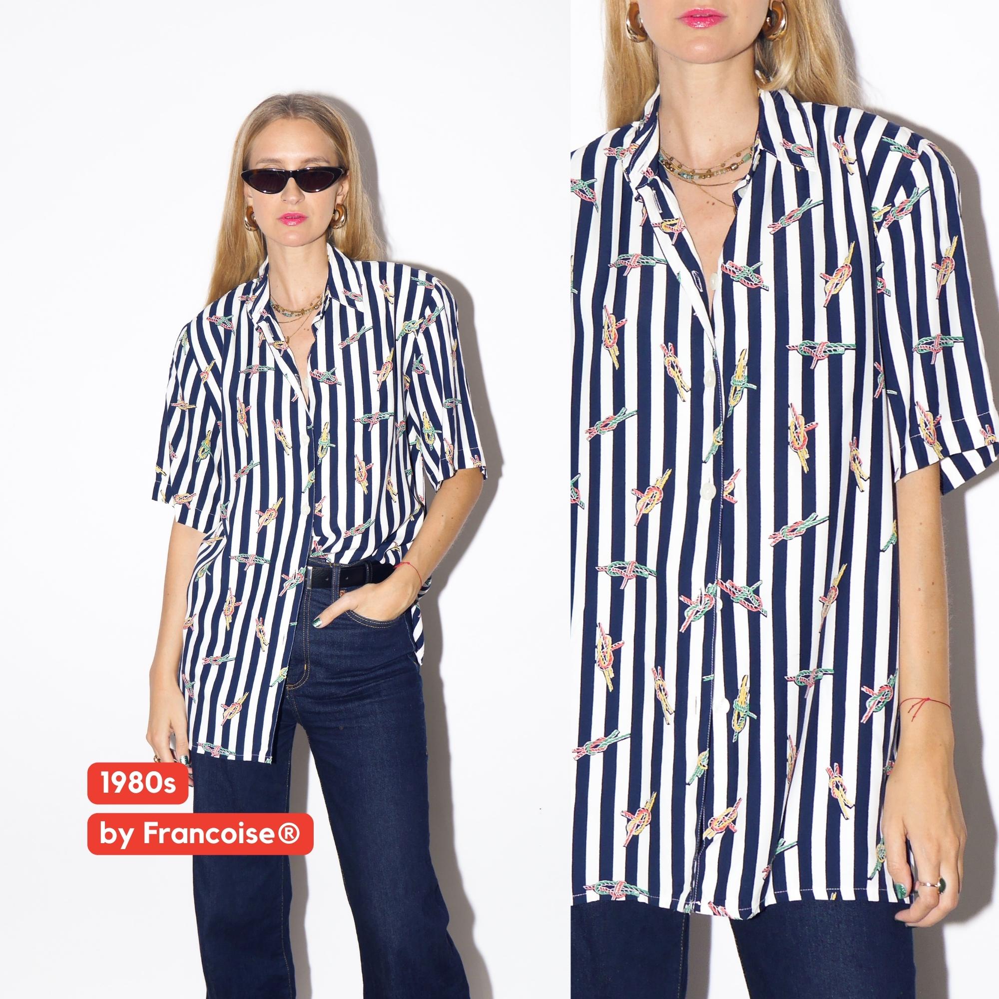 1980s Striped Shirt - Vintage Navy Blue/White Oversize Shirt with Big Shoulder Pads and Marine Pattern, Retro Viscose Short Sleeve Shirt