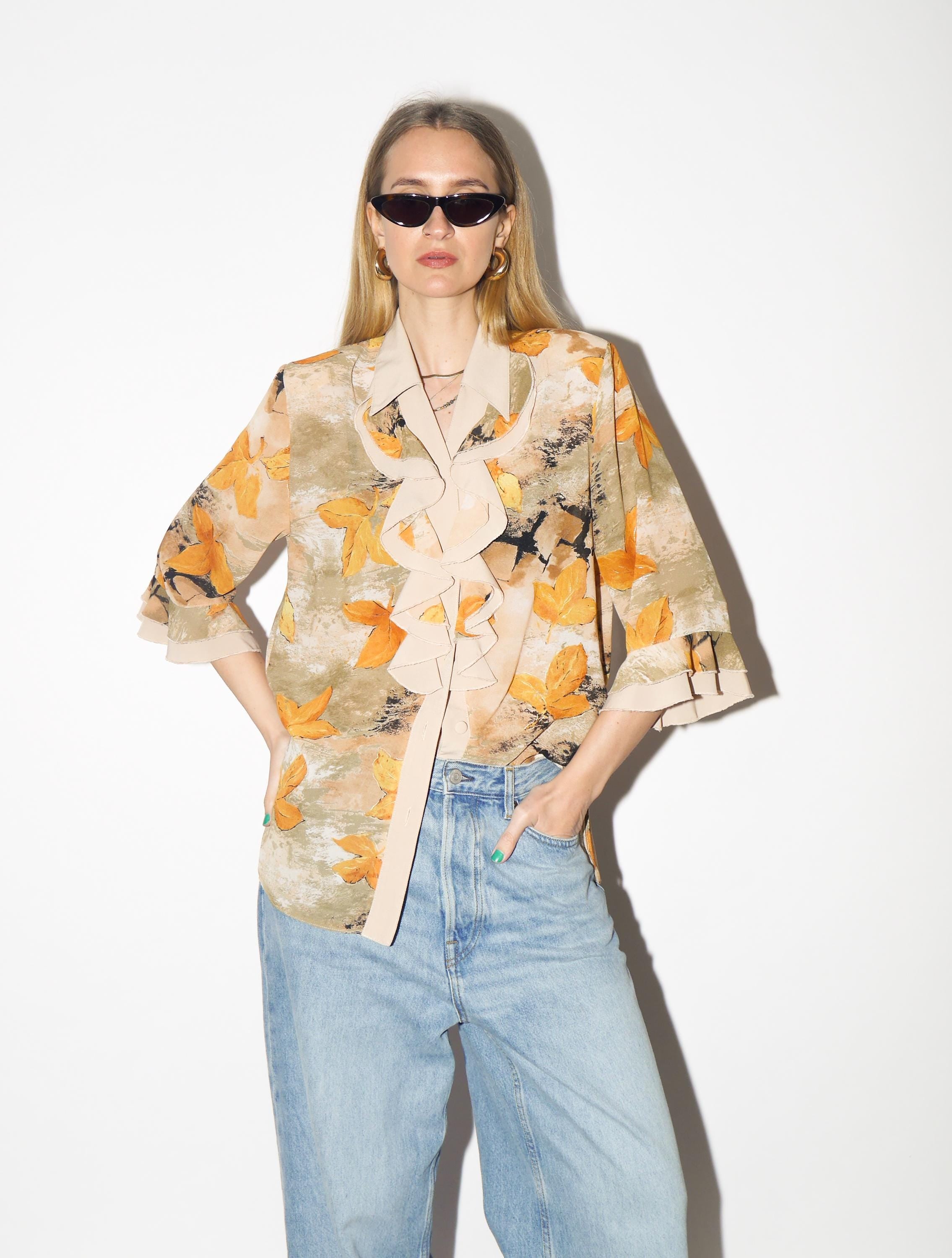 VINTAGE Beige & Yellow Leaf Print Blouse from 1980s | Retro Jabot Shirt by Izabel®