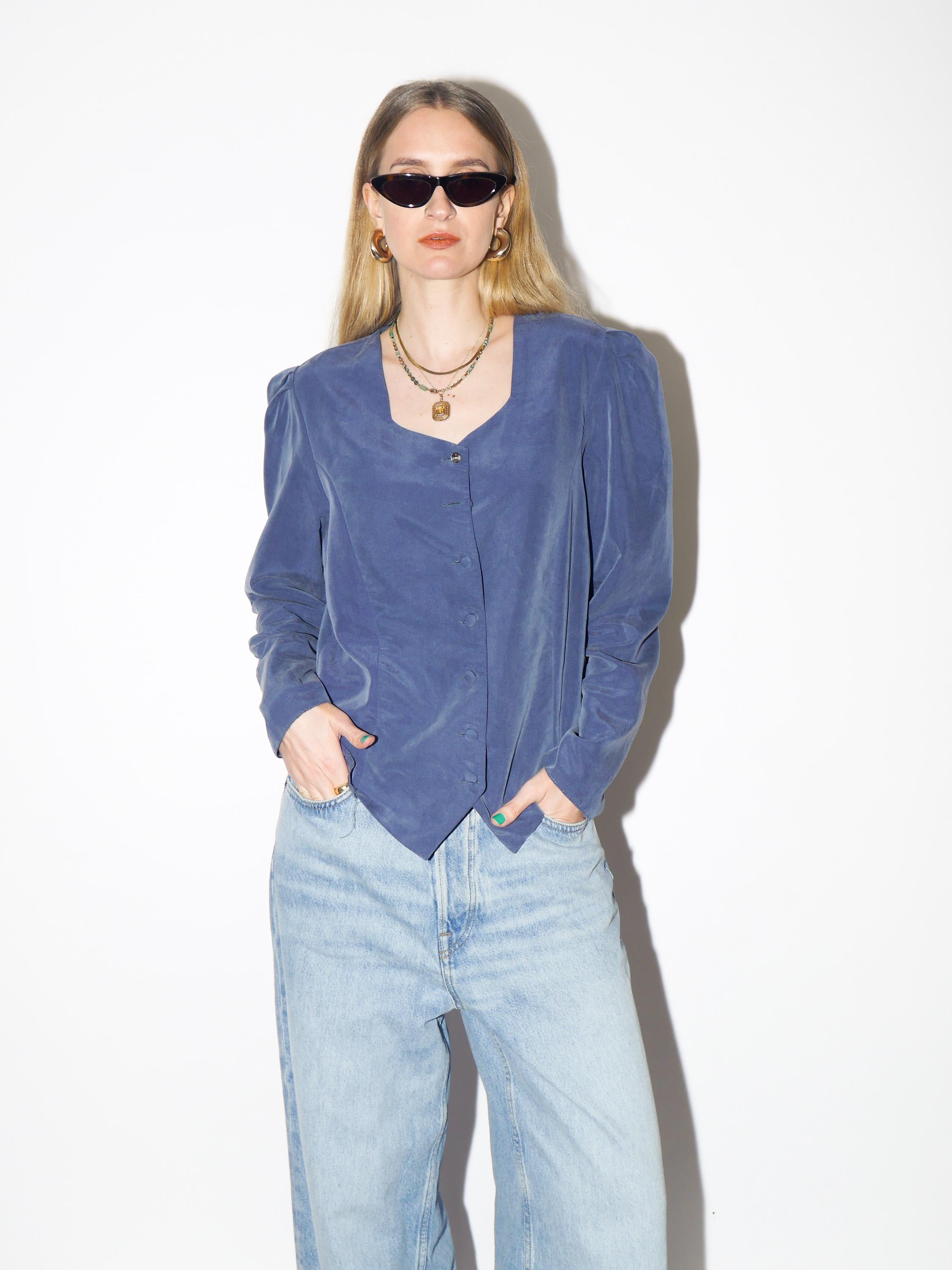 VINTAGE Blue Buttoned Blouse from 1980s with square neckline by Madame Rita®