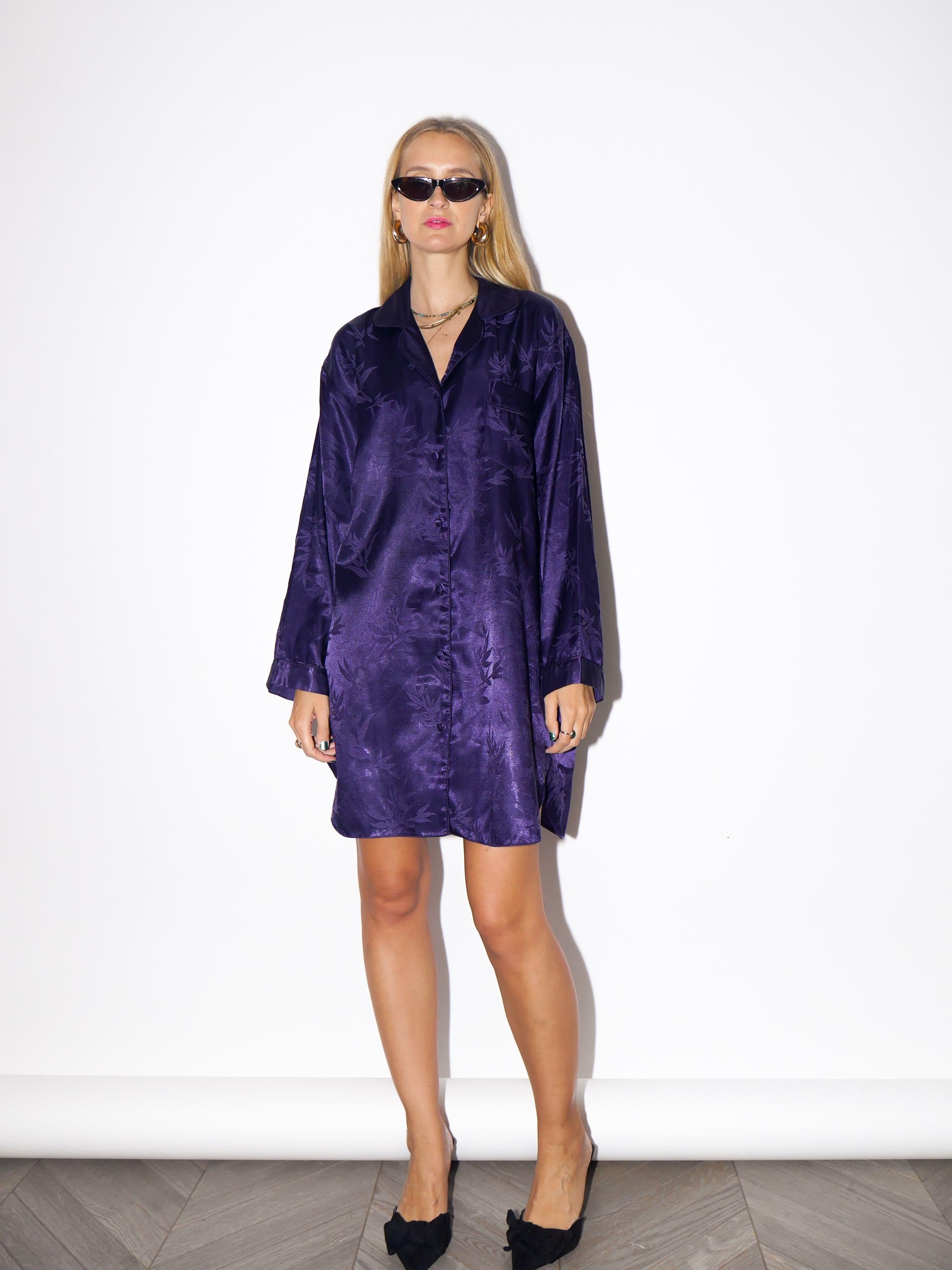 1980s Purple Pyjama Style Dress - Vintage Shiny Short Dress, Plum Oversize Retro Dress, Retro Fashion Clothing for Women