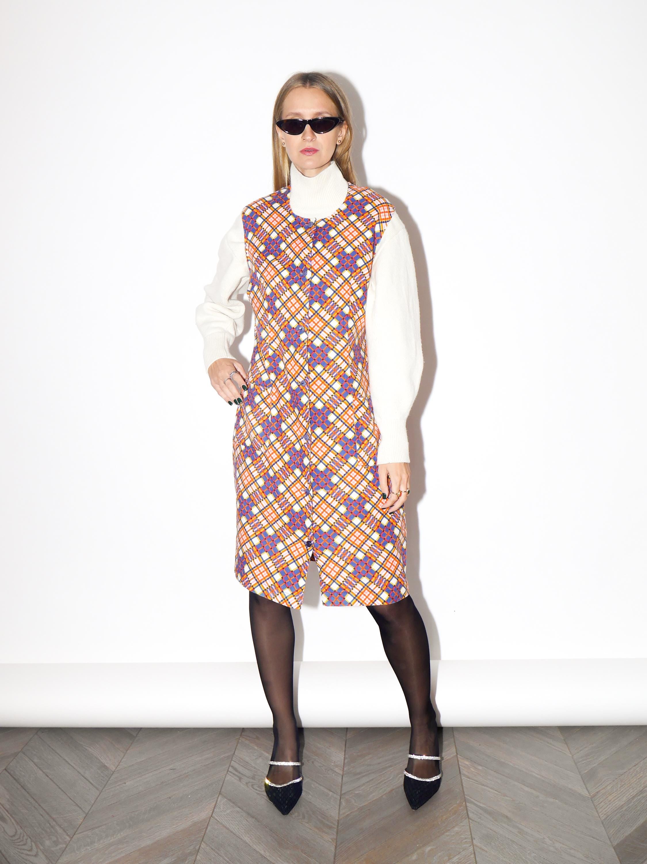 VINTAGE Orange And Beige Checked Cotton Sleeveless Dress From The 1980s By Miloty