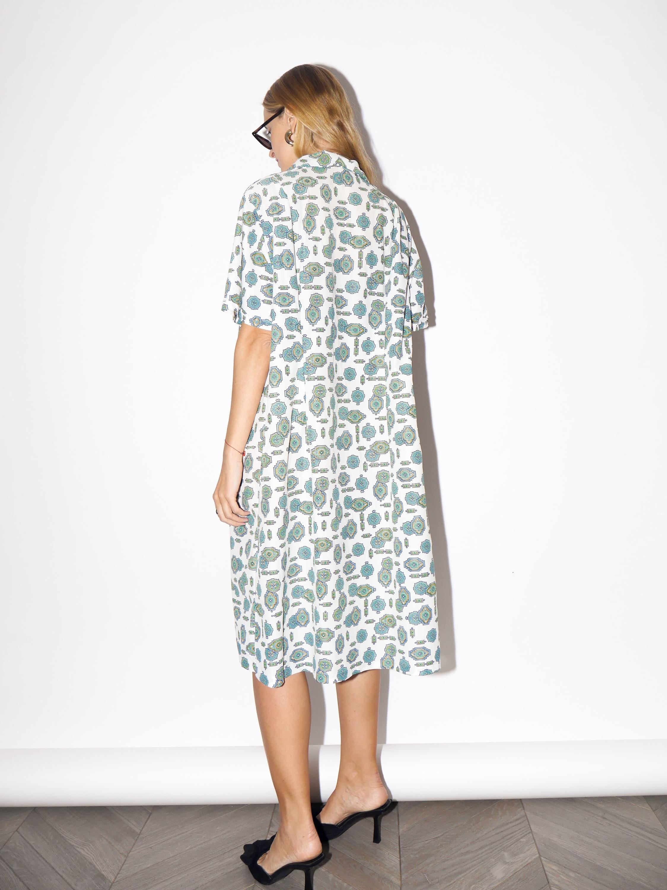 1980s Midi Dress - Vintage Handmade Oversize Dress, Semi-Sheer Cream Green Art Deco Patterned Dress, Retro Fashion Clothing for Women