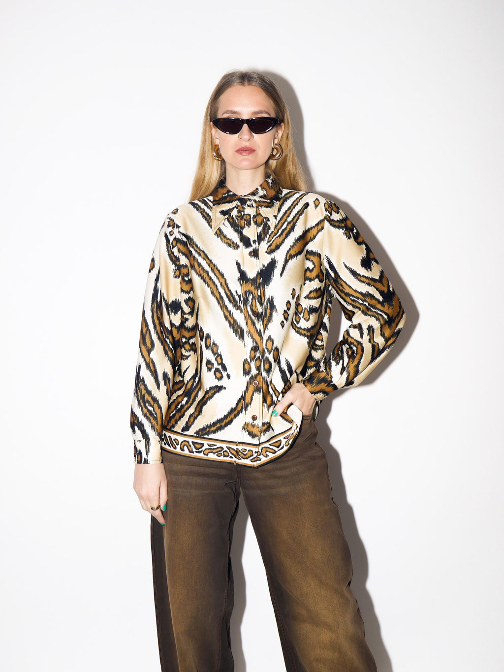 VINTAGE Beige & Brown Animal Print Blouse from 1980s | Vintage Tiger Print Shirt