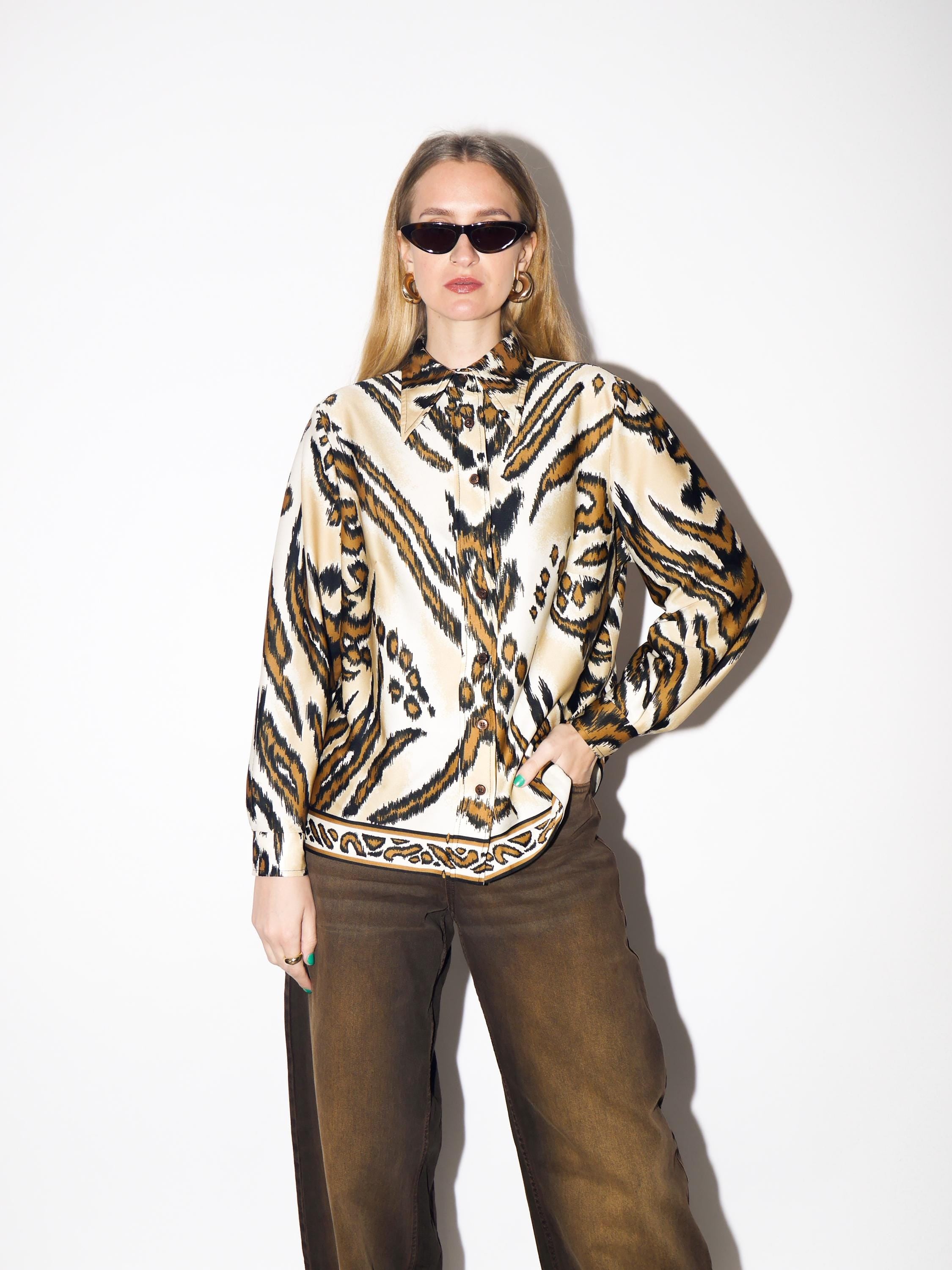 VINTAGE Beige & Brown Animal Print Blouse from 1980s | Vintage Tiger Print Shirt