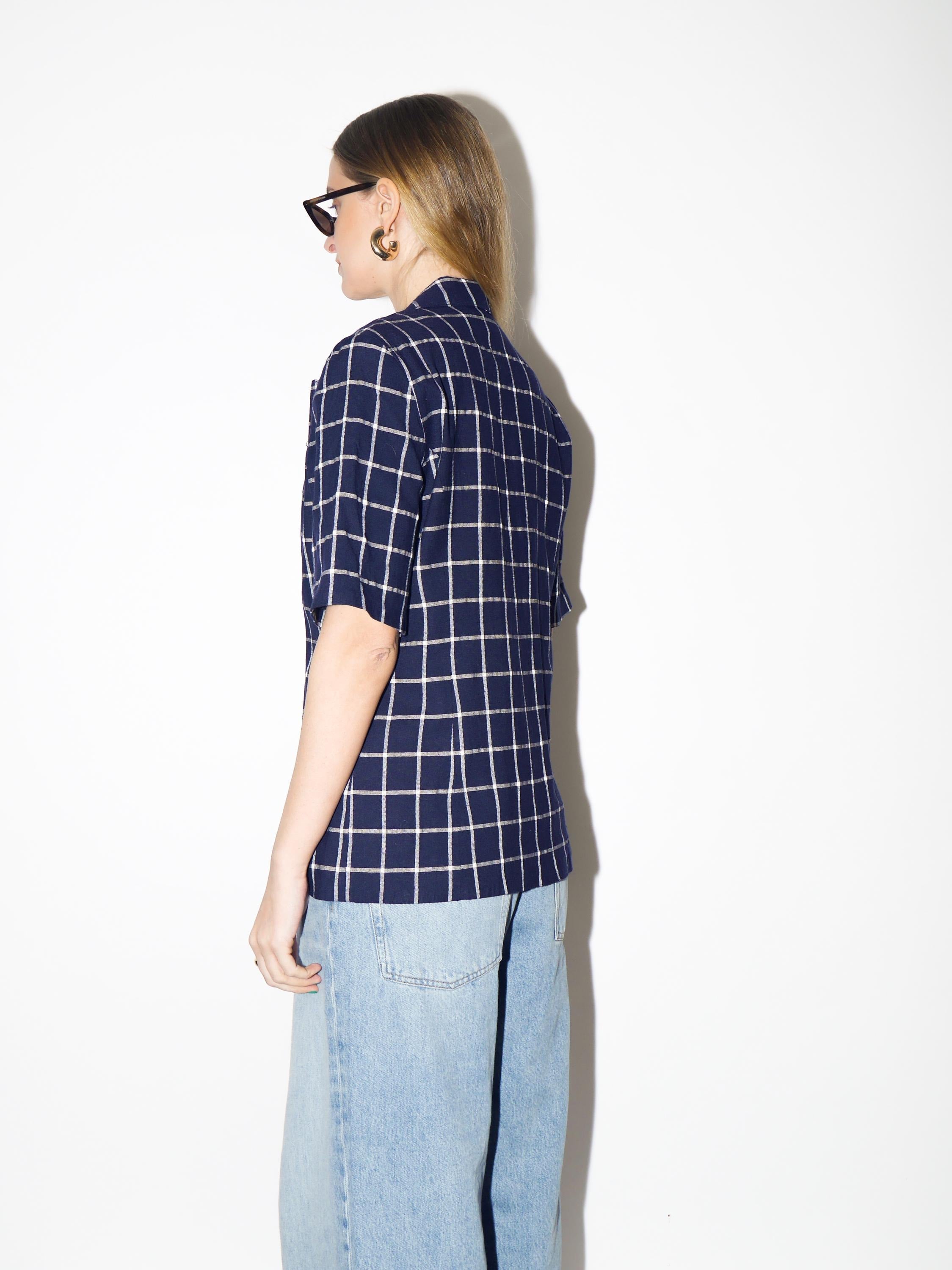 VINTAGE Navy Checked Short Sleeve Blazer from 1990s made of Viscose and Linen