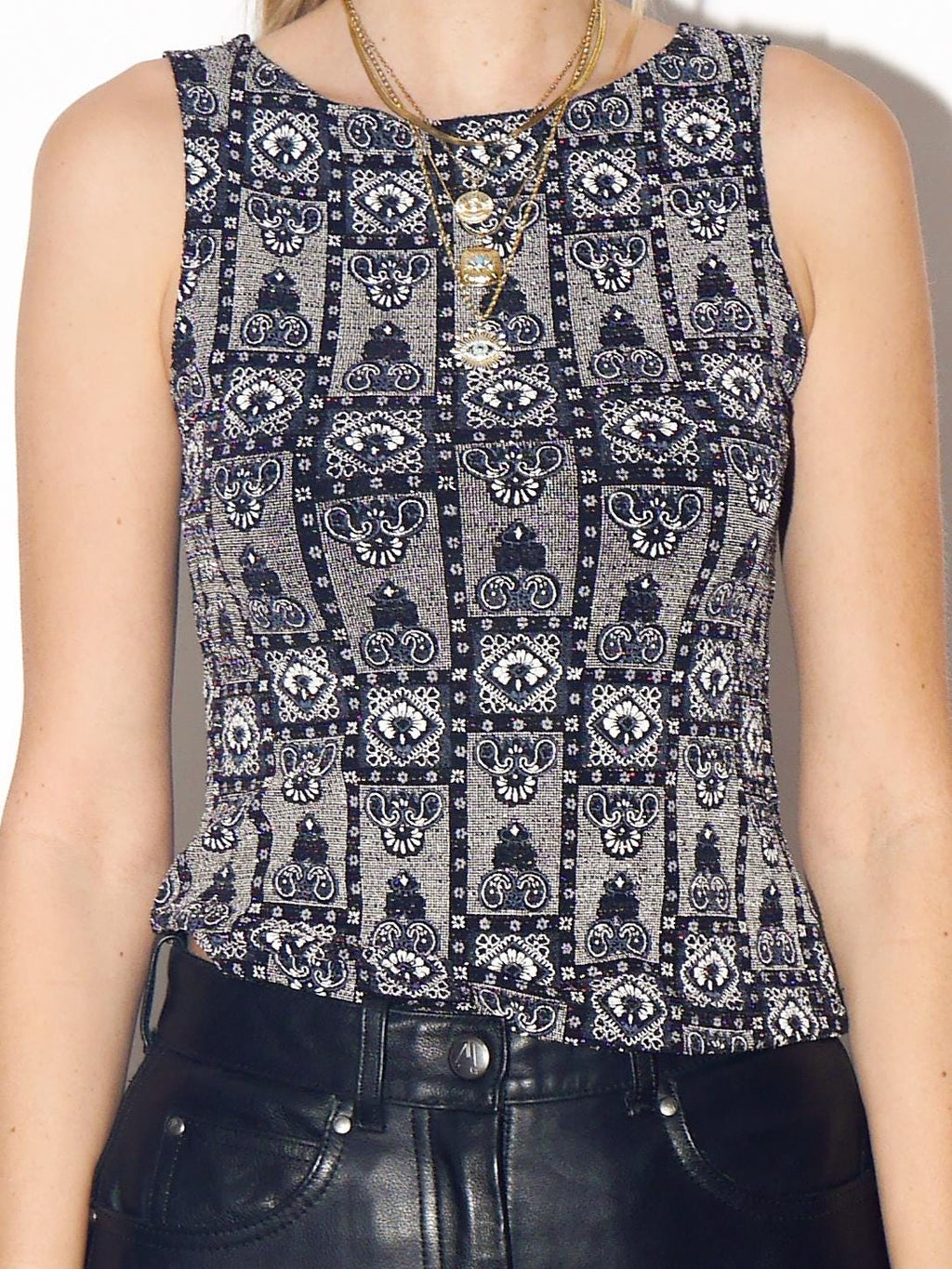 VINTAGE Black Glittery Sleeveless Tank Top With Structural Pattern From The 1980s