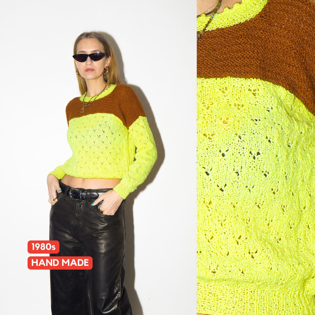 VINTAGE Neon Yellow Hand Knit Sweater from 1980s | Chunky Oversized Sweater
