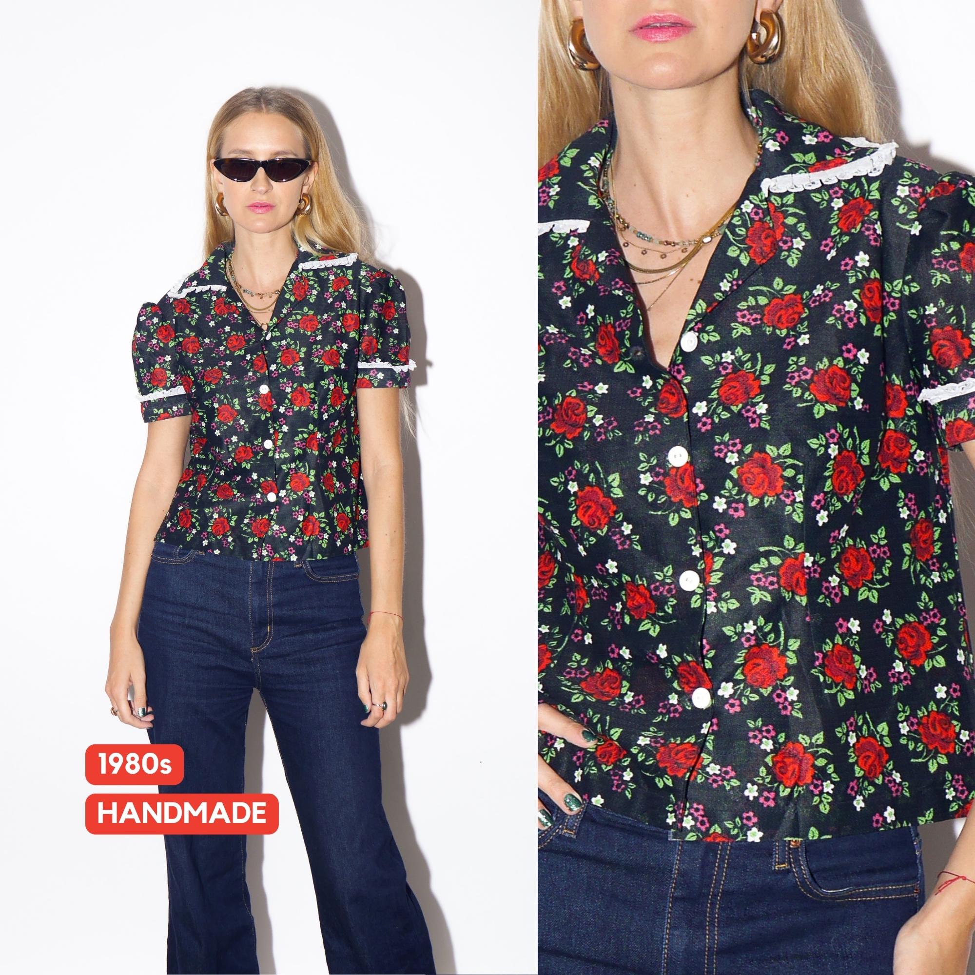 1980s Black Handmade Shirt - Vintage Rose Pattern Shirt with White Lace and Buffet Sleeves, Retro Fashion Clothing for Women