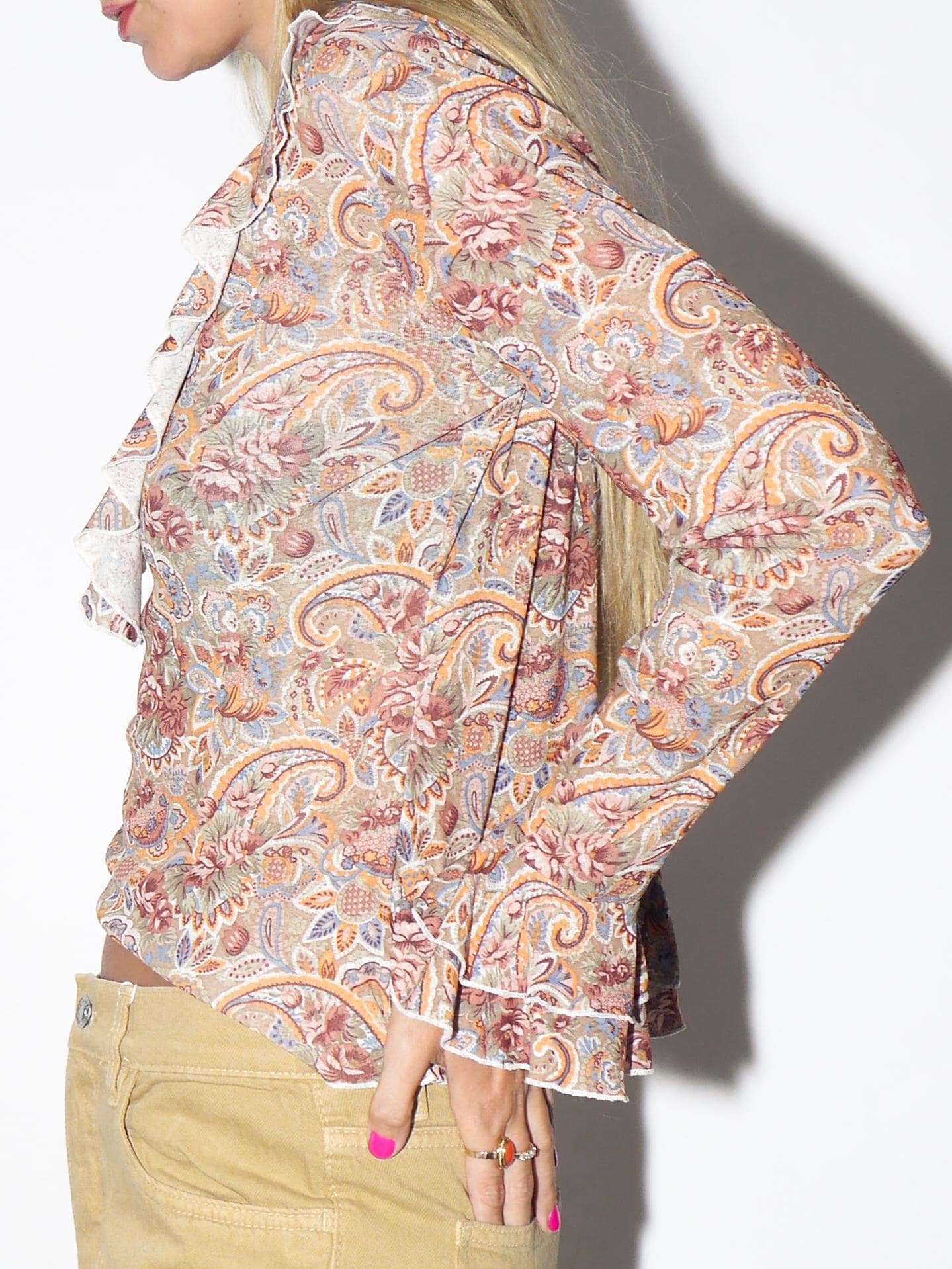 VINTAGE Boho Khaki Beige Floral Blouse With Ruffles And Metal Neckline Loops From The 1990s By Rainbow Collection