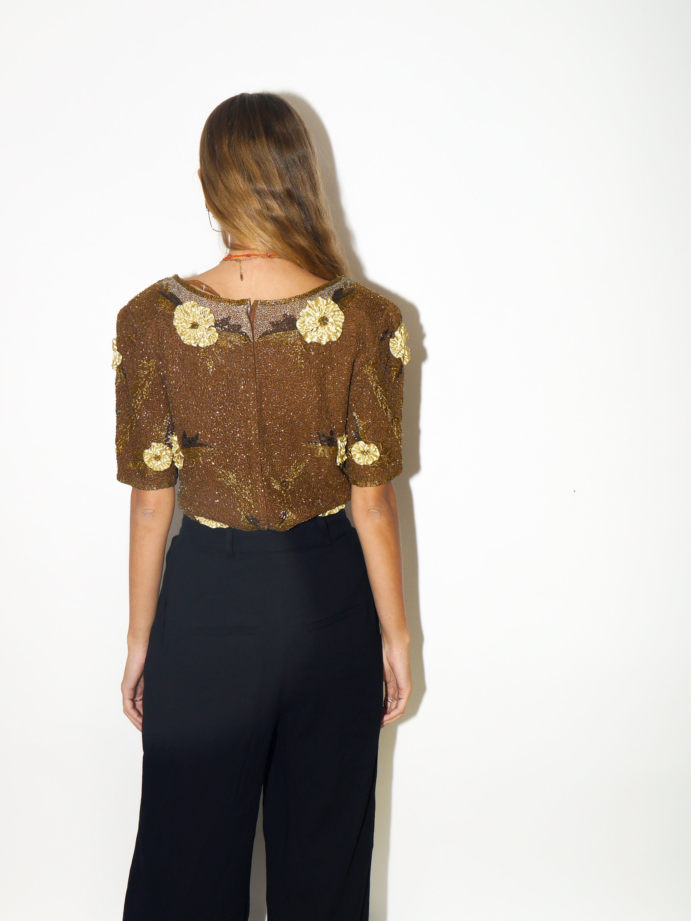 VINTAGE Silk top 1980s | Serenade vintage blouse | unique Silk blouse | retro Silk blouse | gold Silk top | vintage top with sequins