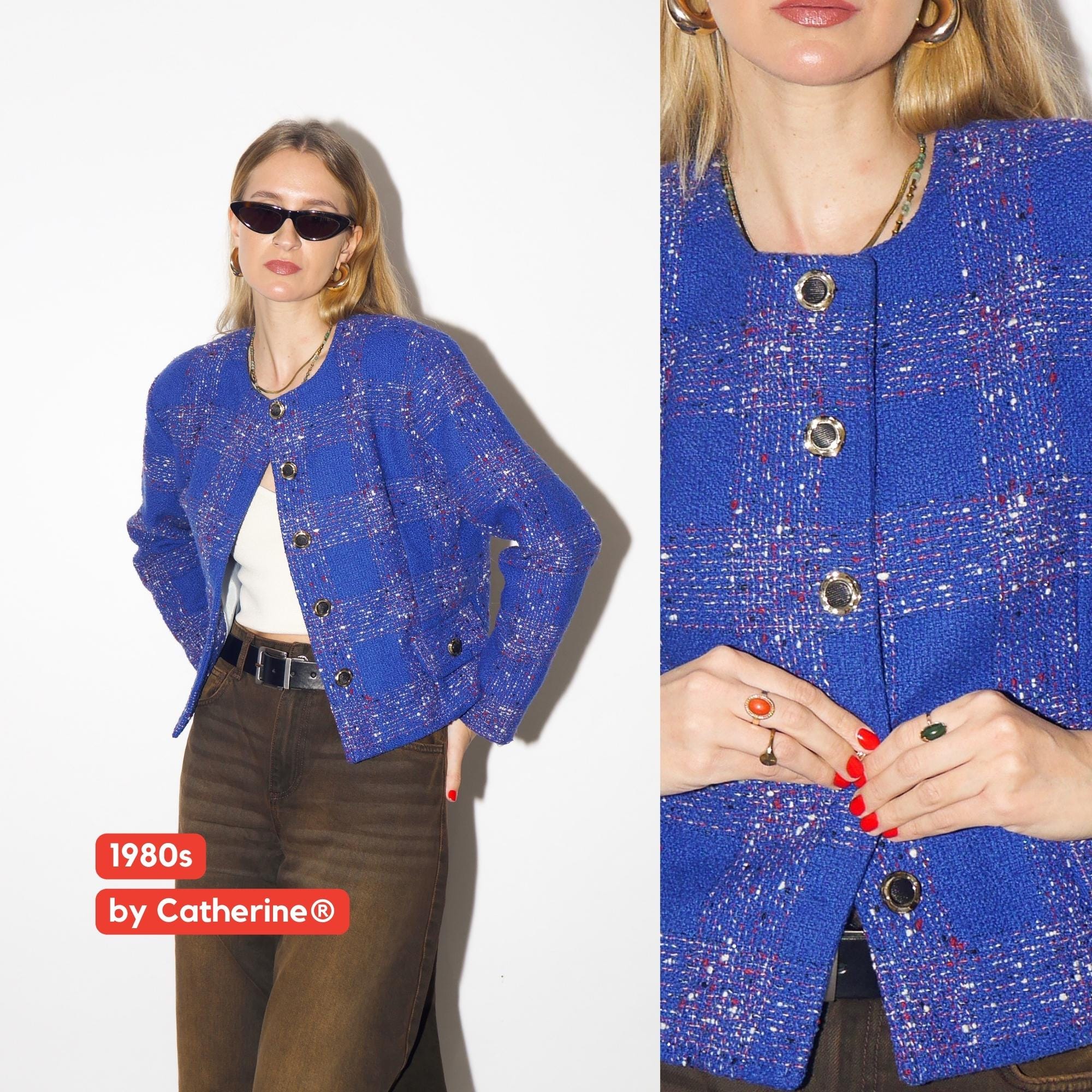 VINTAGE tweed blazer in cobalt blue, short blazer from 1980s by Catherine®