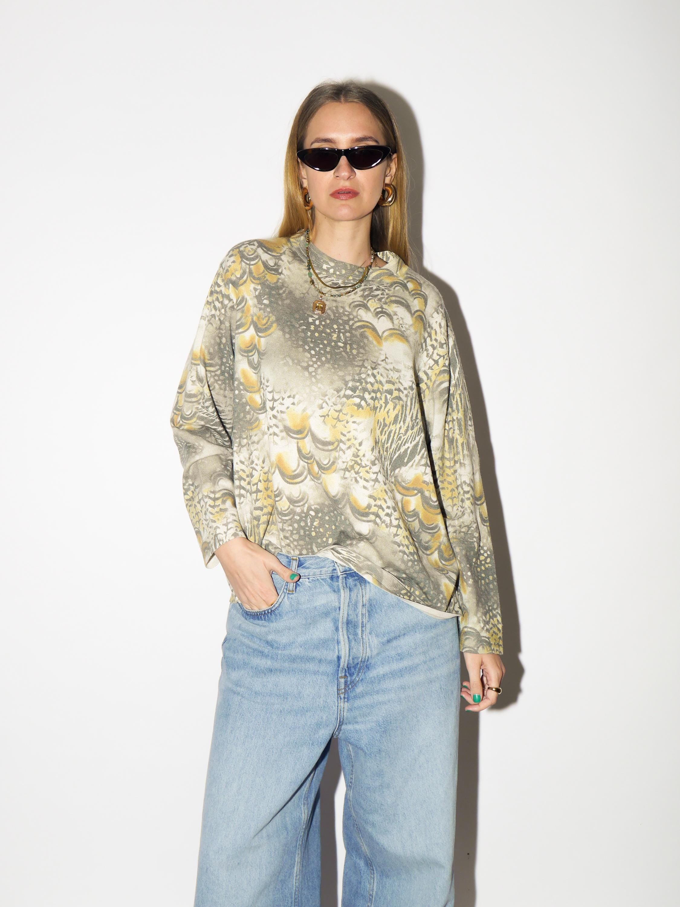 VINTAGE Merino Wool Sweater from 1980s | Yellow & Green Retro Wool Sweater