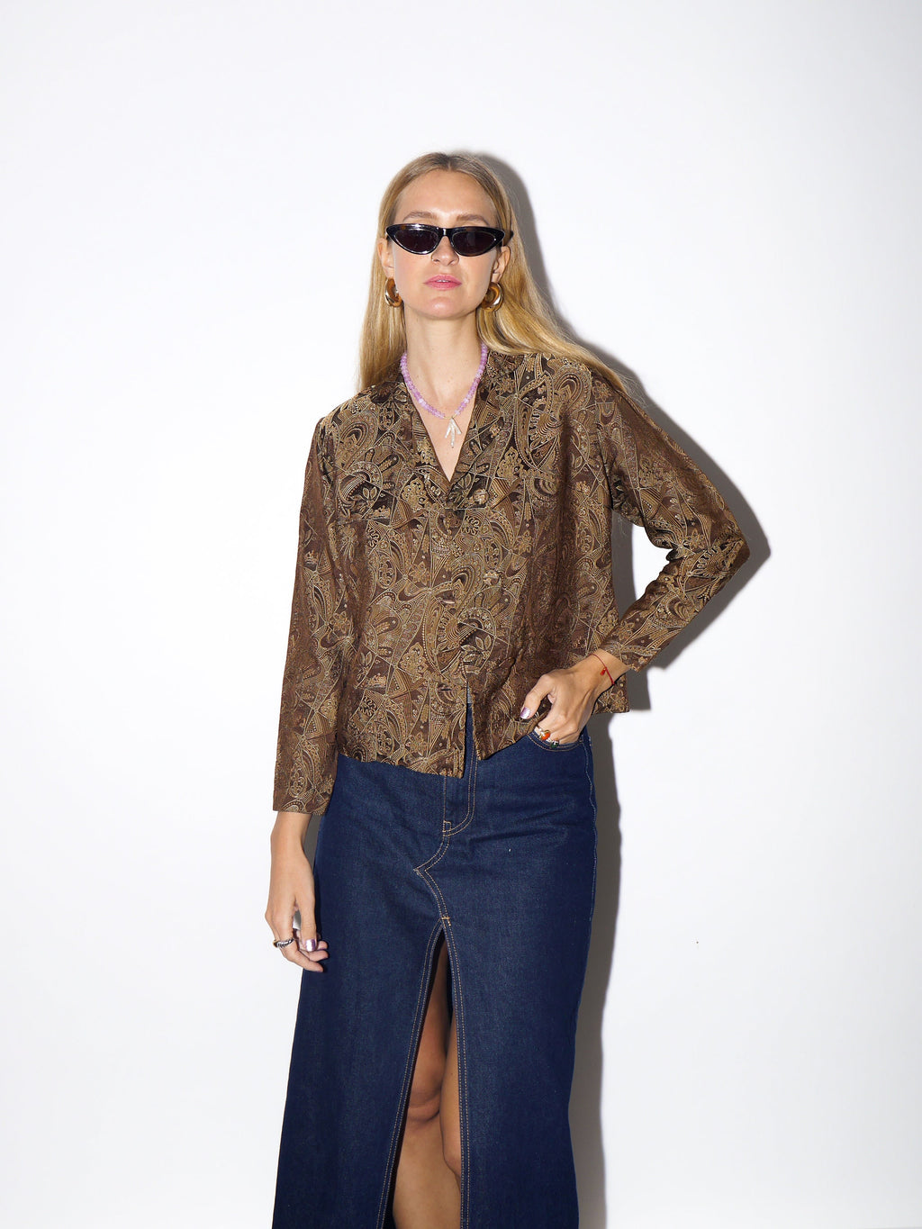 VINTAGE brown patterned silk jacket blouse blazer | handmade from 1980s | premium quality retro jacket blouse style with creamy lining