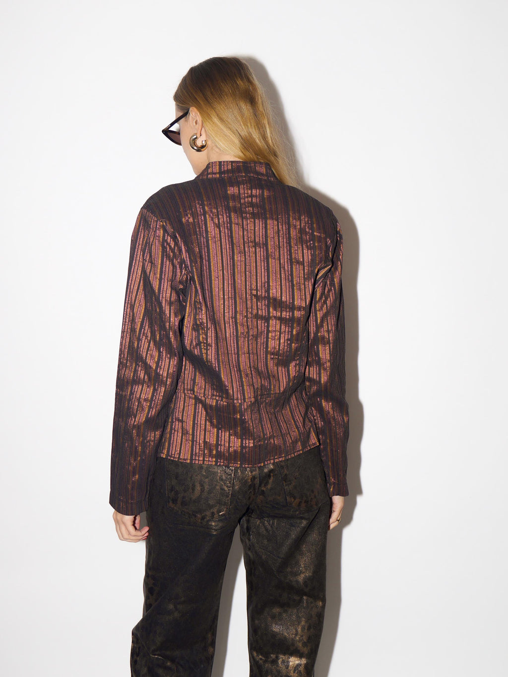 VINTAGE blazer in shiny striped brown cotton fabric from 1980s by JOY®