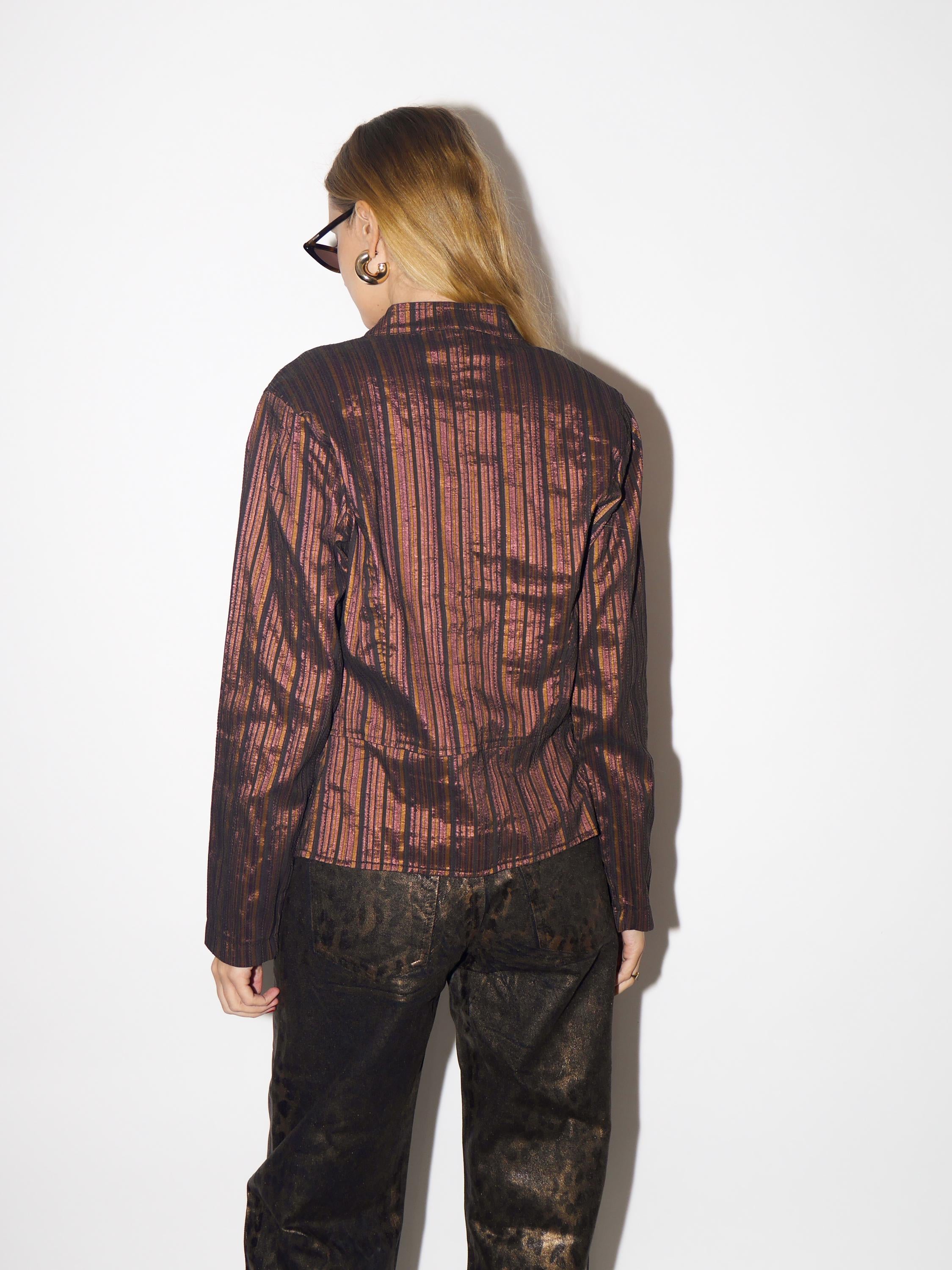 VINTAGE blazer in shiny striped brown cotton fabric from 1980s by JOY®