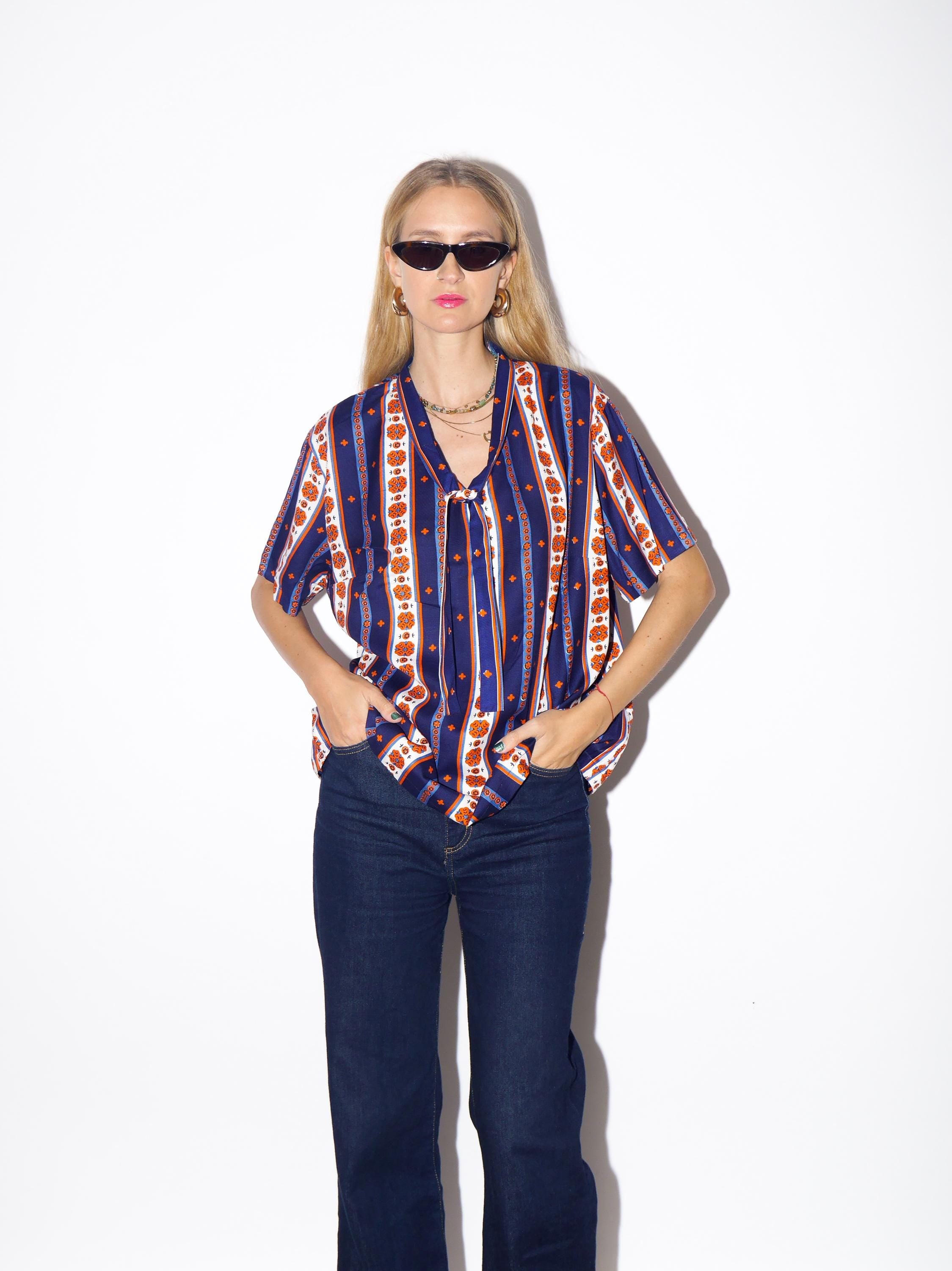 1970s Striped Blouse - Vintage Navy/Orange/White Vertical Striped Handmade Shirt with Folk Print and Front Bow, Retro Short Sleeve Blouse