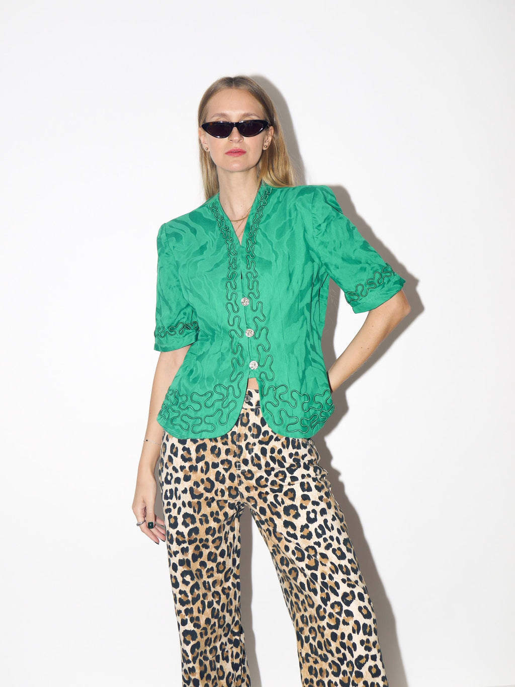 VINTAGE Green Short Sleeve Blouse With Silver Buttons From The 1980s