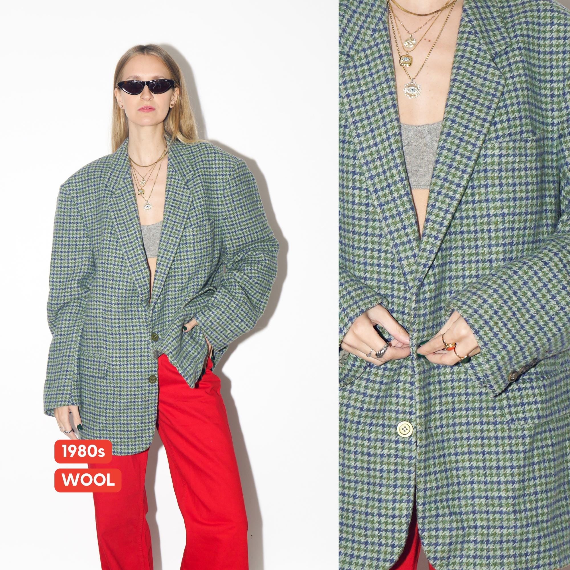 VINTAGE Wool Oversized Green And Gray Houndstooth Blazer From The 1980s