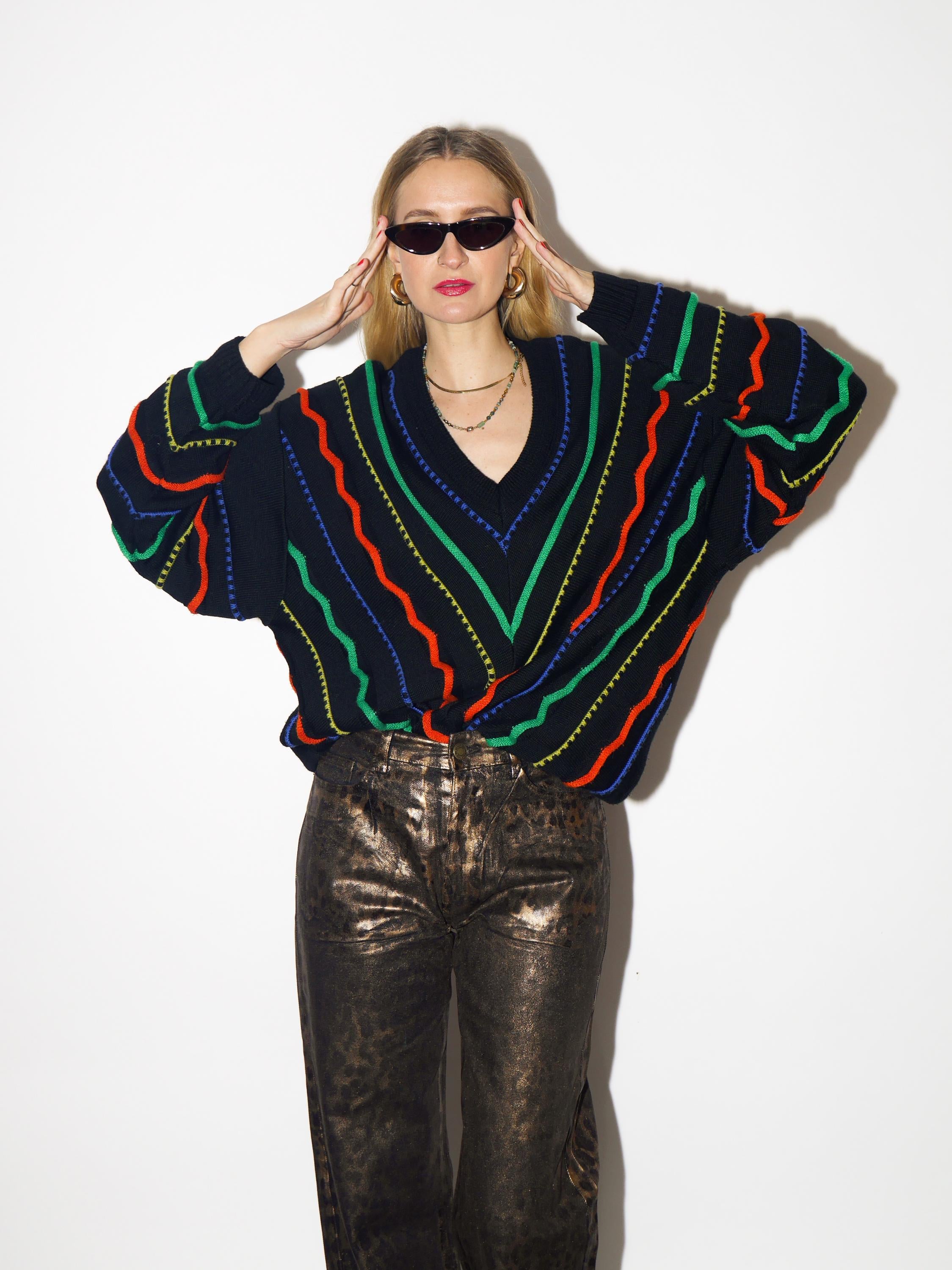 VINTAGE sweater, oversized black pullover with merino wool and cotton from 1980s