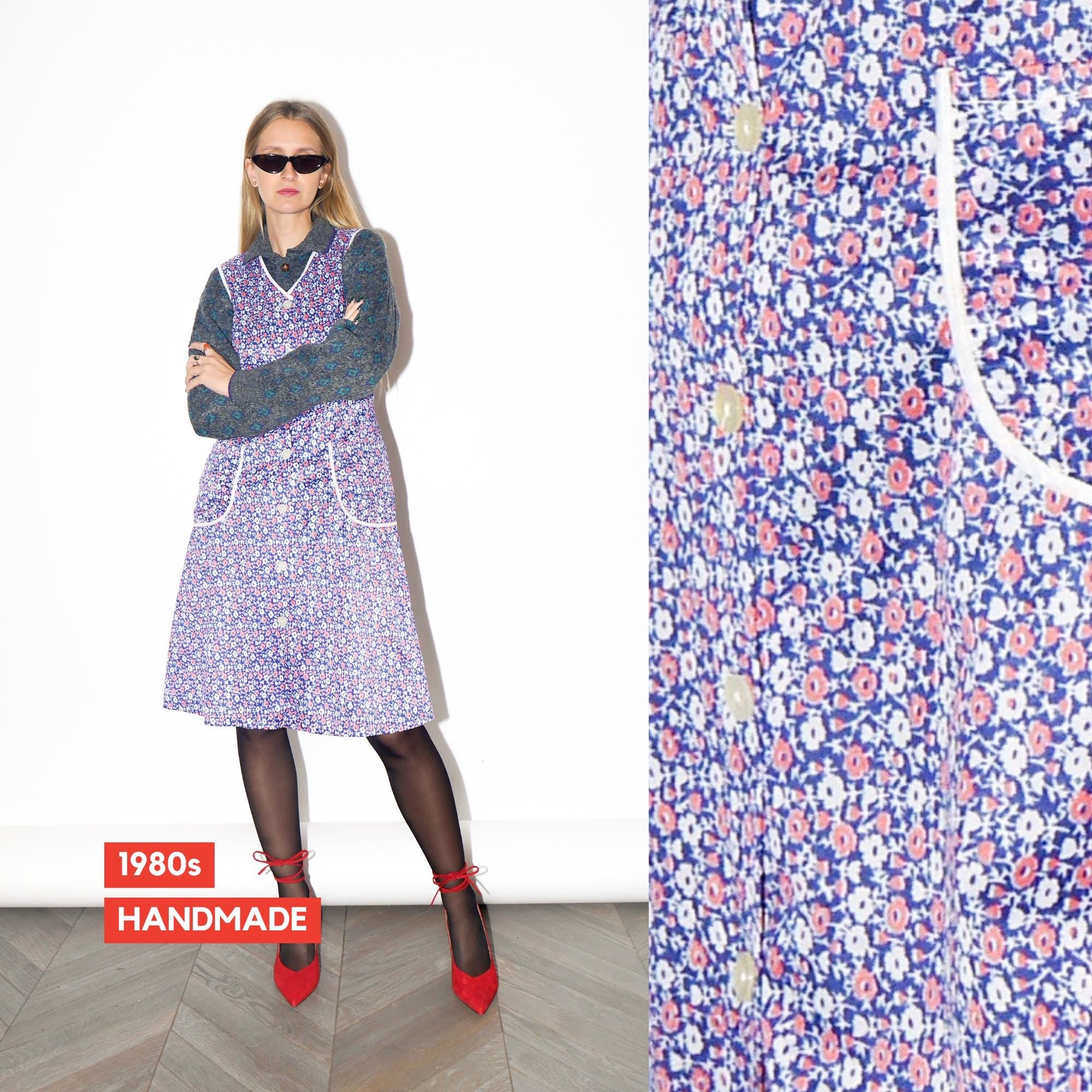 VINTAGE Red And Purple Floral Sleeveless Button-Down Handmade Dress From The 1980s