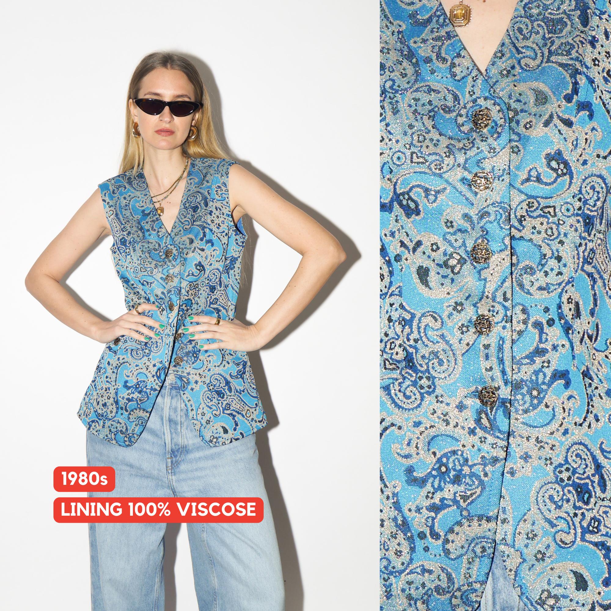 VINTAGE Blue Metallic and Gold Vest from 1980s | Elegant Embroidery Waistcoat