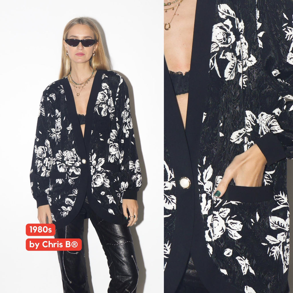 VINAGE black silky blazer from 1980s in shiny white floral pattern by Chris B®