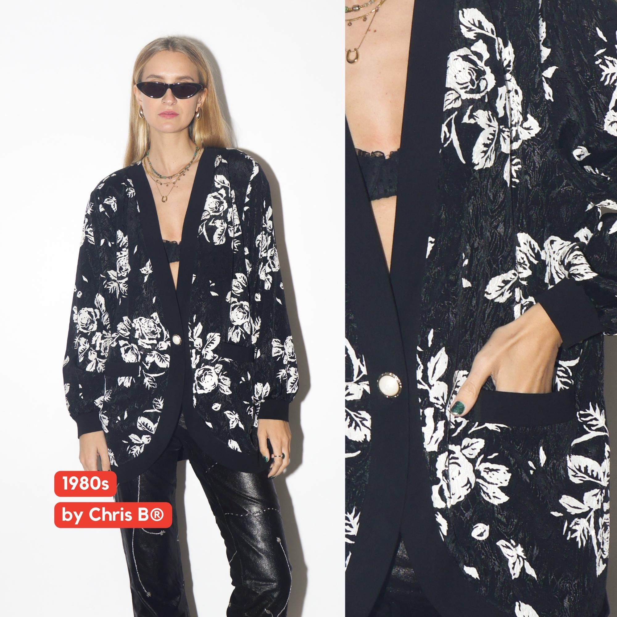VINAGE black silky blazer from 1980s in shiny white floral pattern by Chris B®