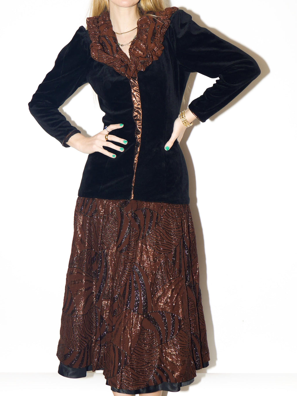 VINTAGE Evening Dress in Black Velvet from 1980s | Brown Midi Metallic Dress