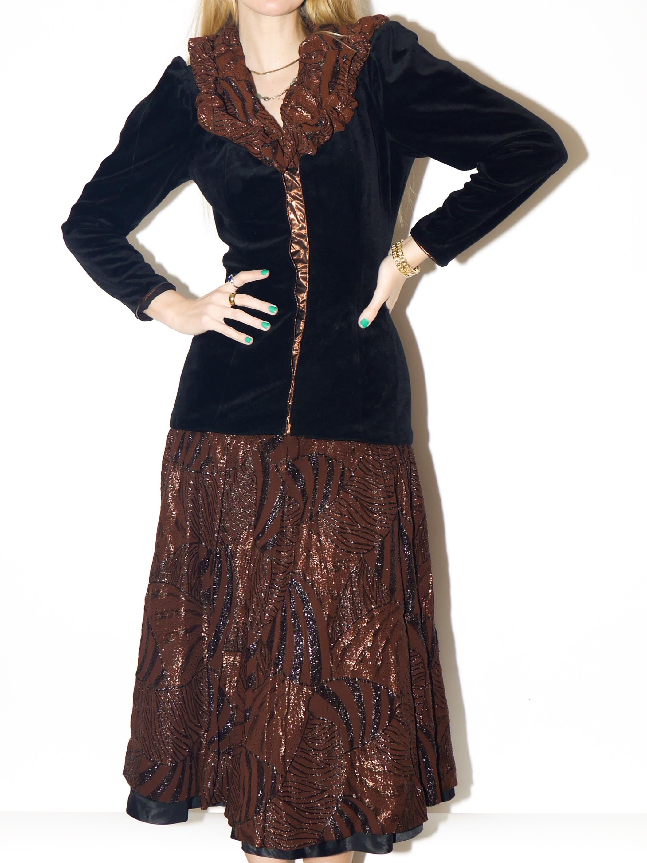VINTAGE Evening Dress in Black Velvet from 1980s | Brown Midi Metallic Dress