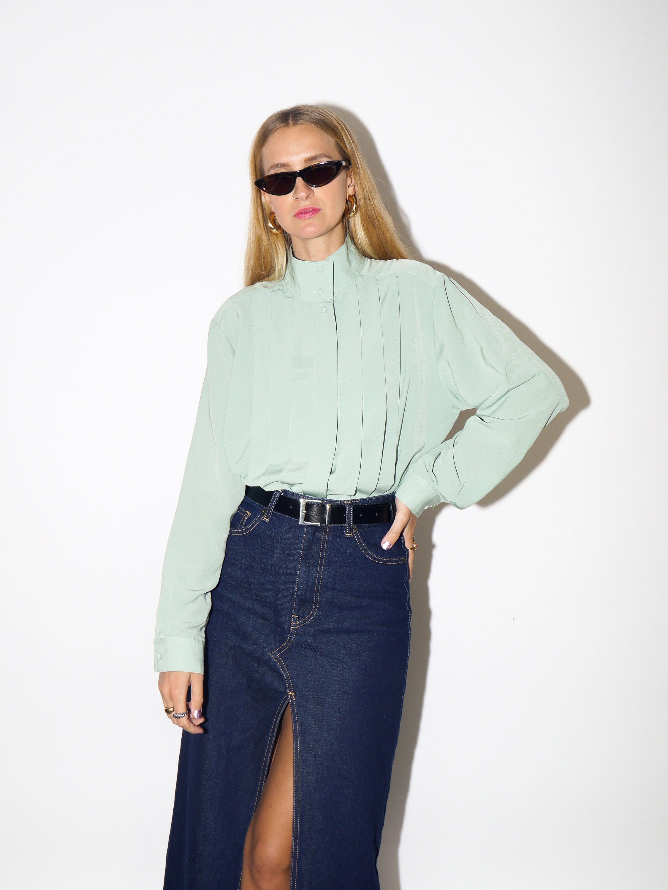 VINTAGE pastel green womens blouse with a stand-up collar and pleats at the front from 1980s | retro style