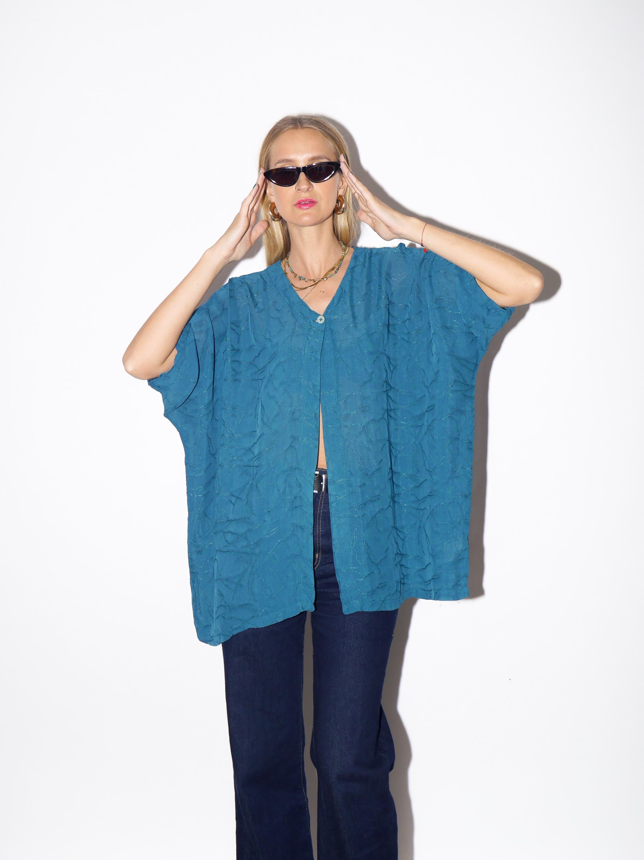 1970s Viscose Blouse - Vintage Turquoise Blue Blouse, Wavy Wrinkled Fabric Shirt, Retro Fashion Clothing for Women