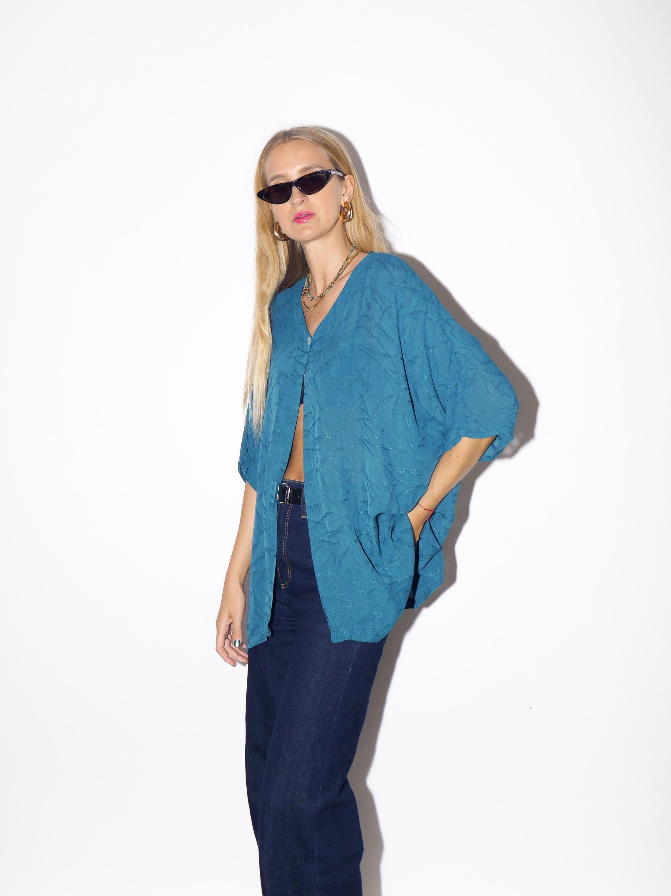 1970s Viscose Blouse - Vintage Turquoise Blue Blouse, Wavy Wrinkled Fabric Shirt, Retro Fashion Clothing for Women