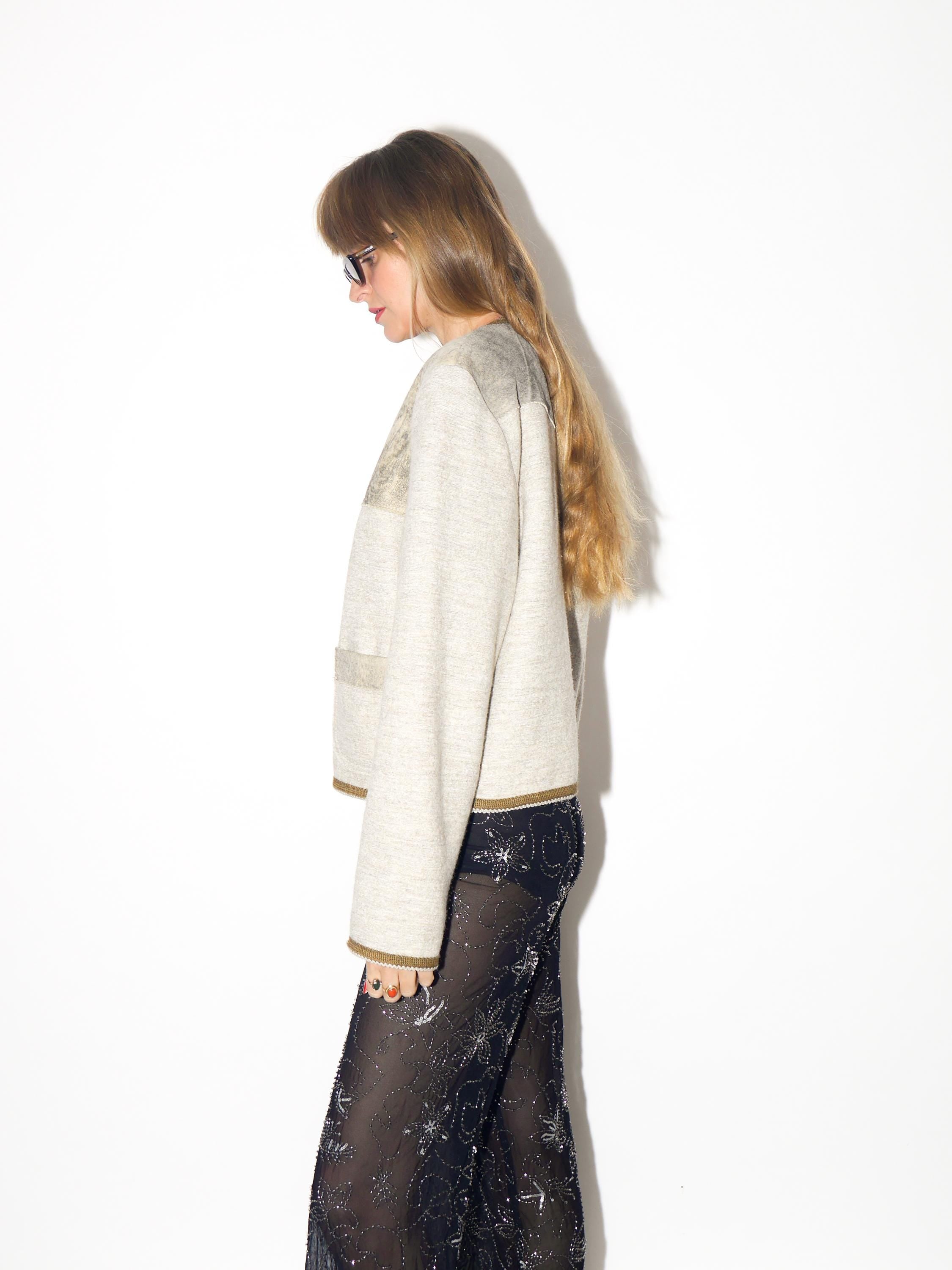 VINTAGE Cream Beige Wool Blazer With Leather Trim And Chain Closure From The 1980s