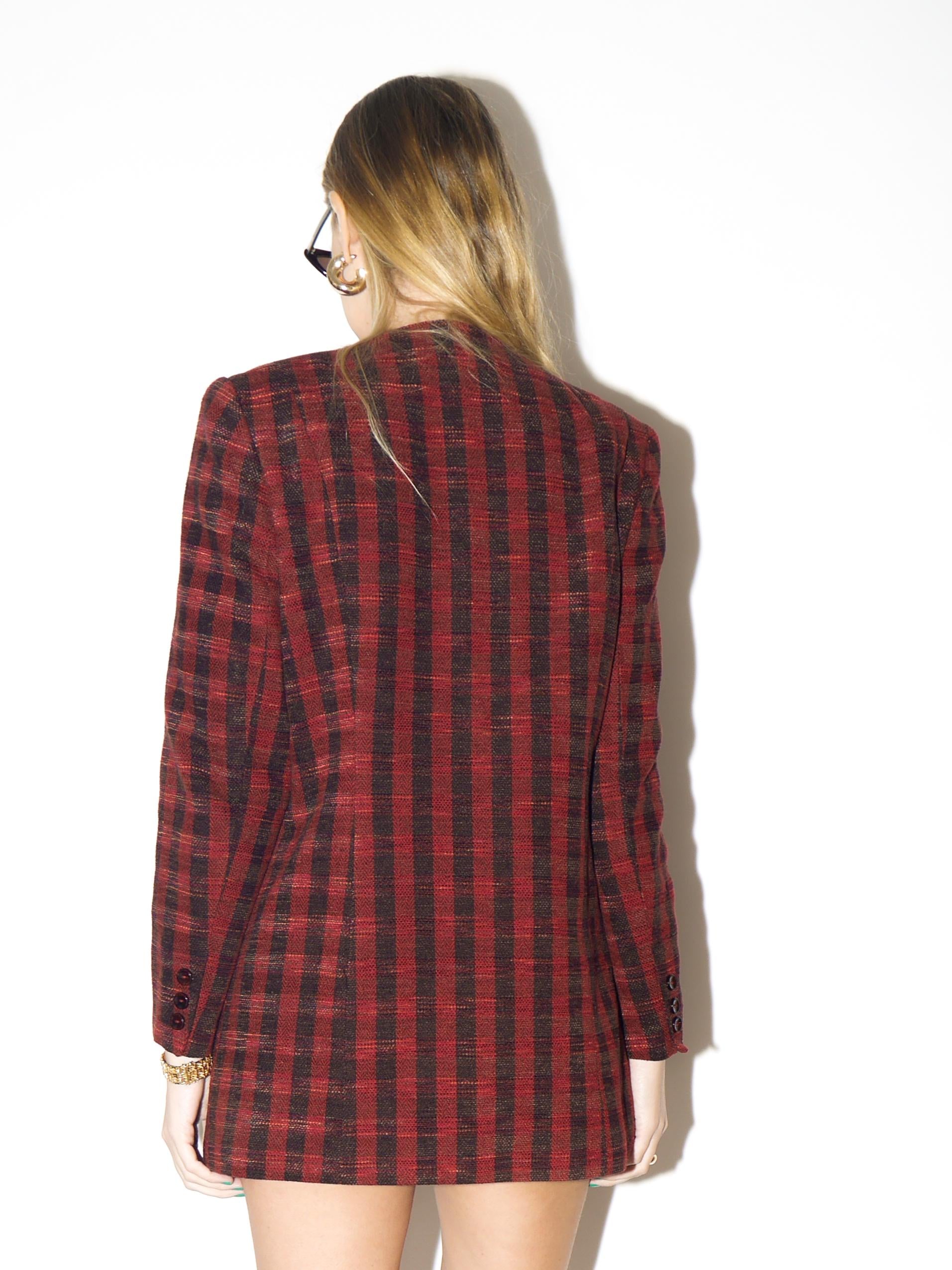 VINTAGE Red & Black Checked Wool Blazer from 1990s | Long Blazer Shoulder Pads