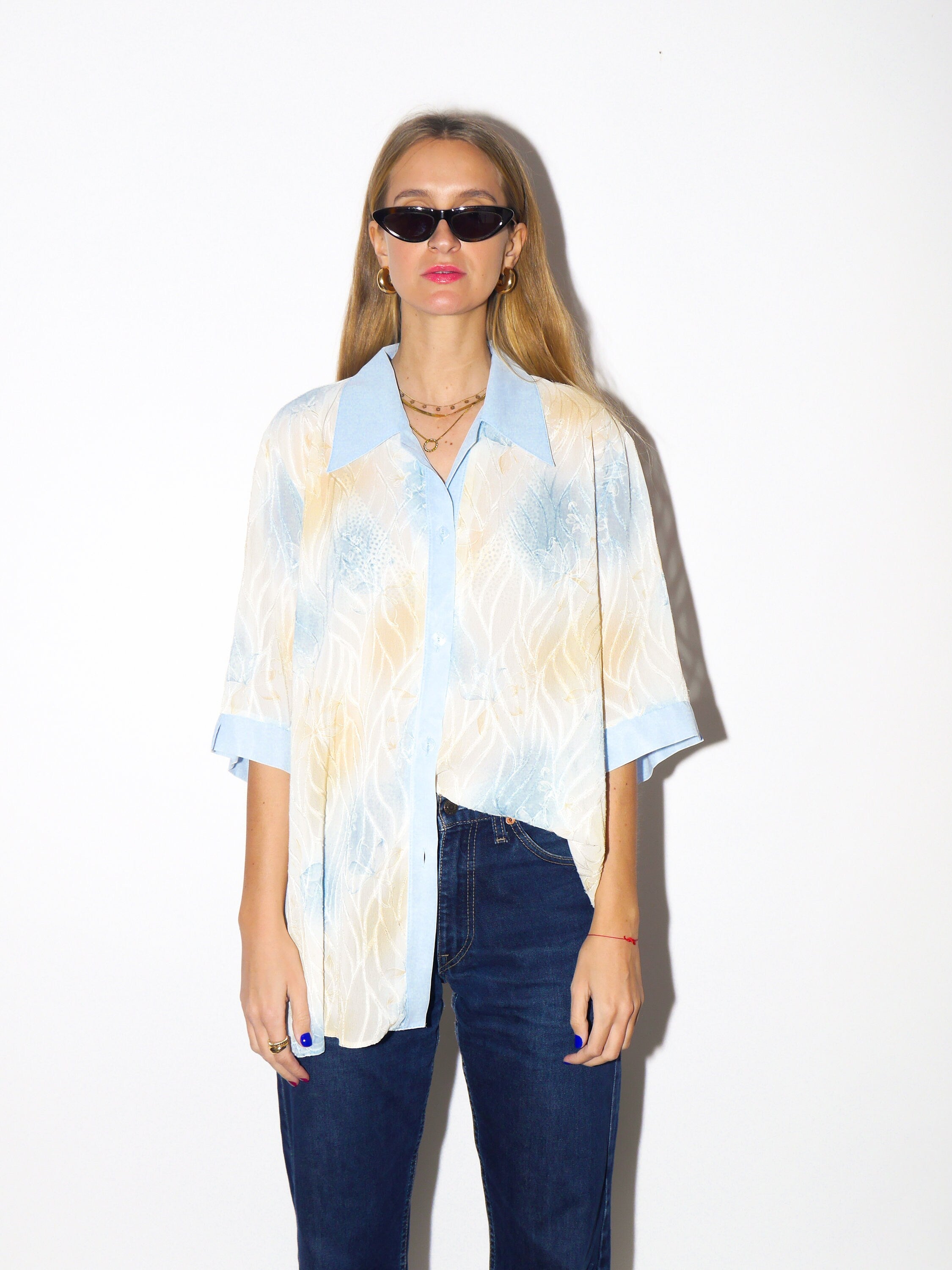 VINTAGE 100% Viscose short sleeve oversize shirt 1980s | unisex blue and yellow vintage shirt | super unique retro shirt