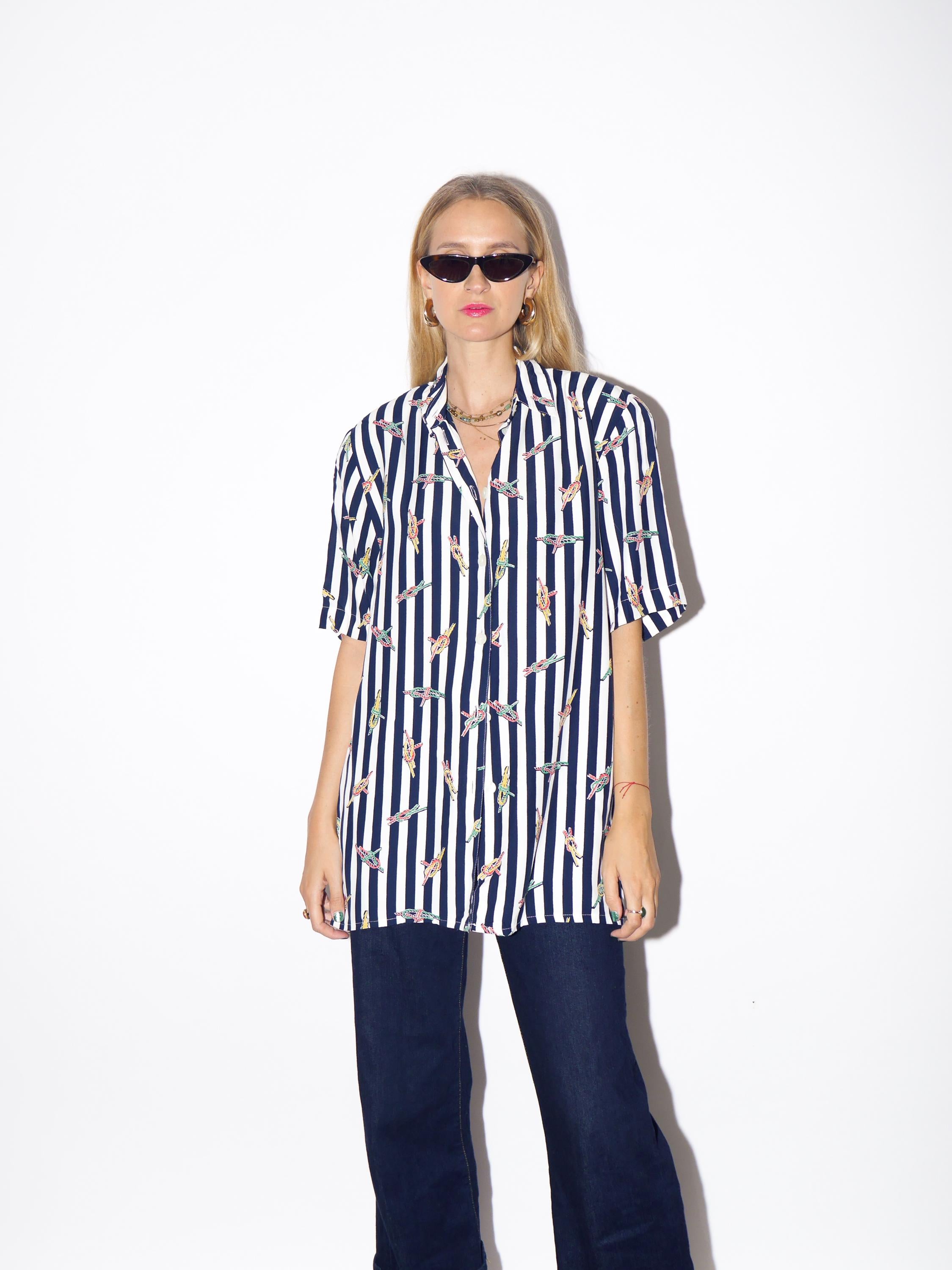 1980s Striped Shirt - Vintage Navy Blue/White Oversize Shirt with Big Shoulder Pads and Marine Pattern, Retro Viscose Short Sleeve Shirt