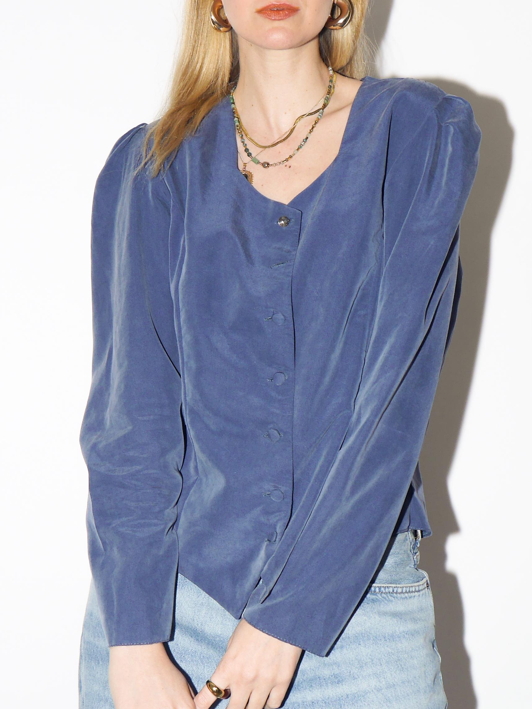 VINTAGE Blue Buttoned Blouse from 1980s with square neckline by Madame Rita®